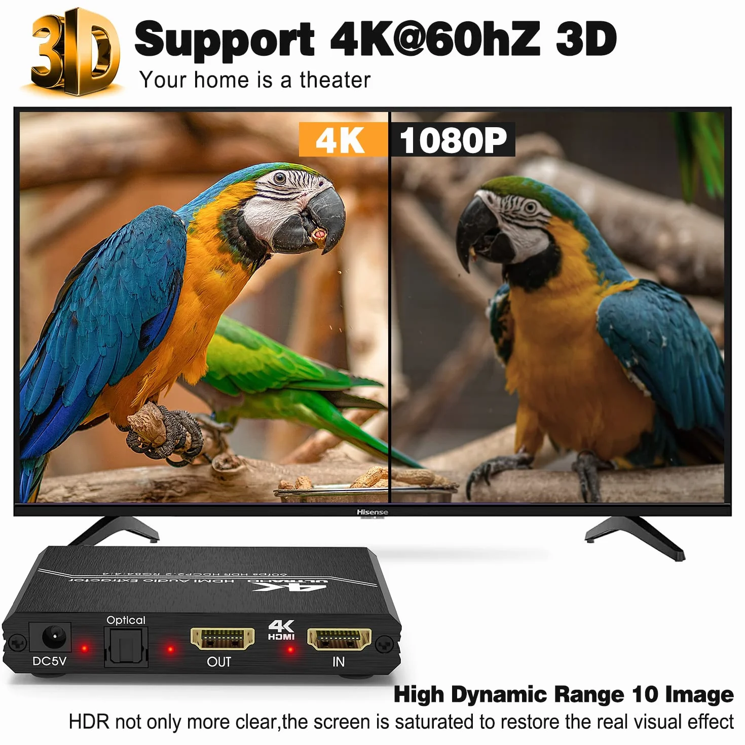 Tendak Rozdzielacz audio HDMI 2.0 4K na optyczny SPDIF Toslink 3,5 mm AUX Stereo cinch L/R konwerter z regulacją głośności