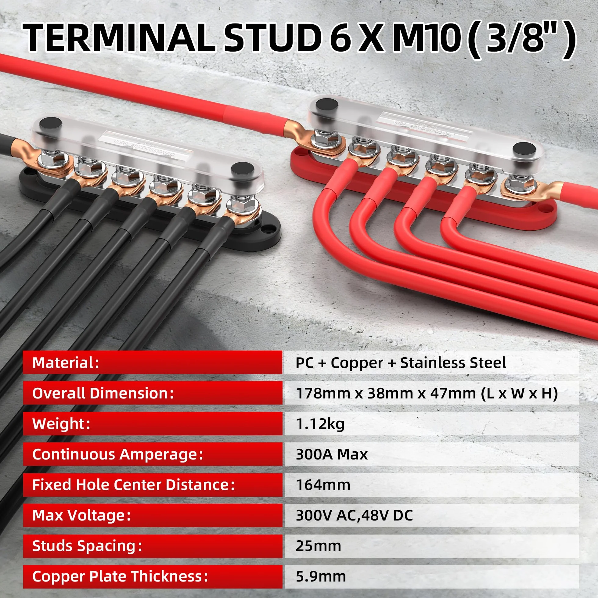Joinfworld Szyna zbiorcza Busbar 12 V, 300 A blok rozdzielający zasilanie, morski blok rozdzielaczy zasilania z osłoną, 6 x 3/8", do 300 V AC 48 VDC, szyna dodatnia i masa do samochodu, łodzi (BB300