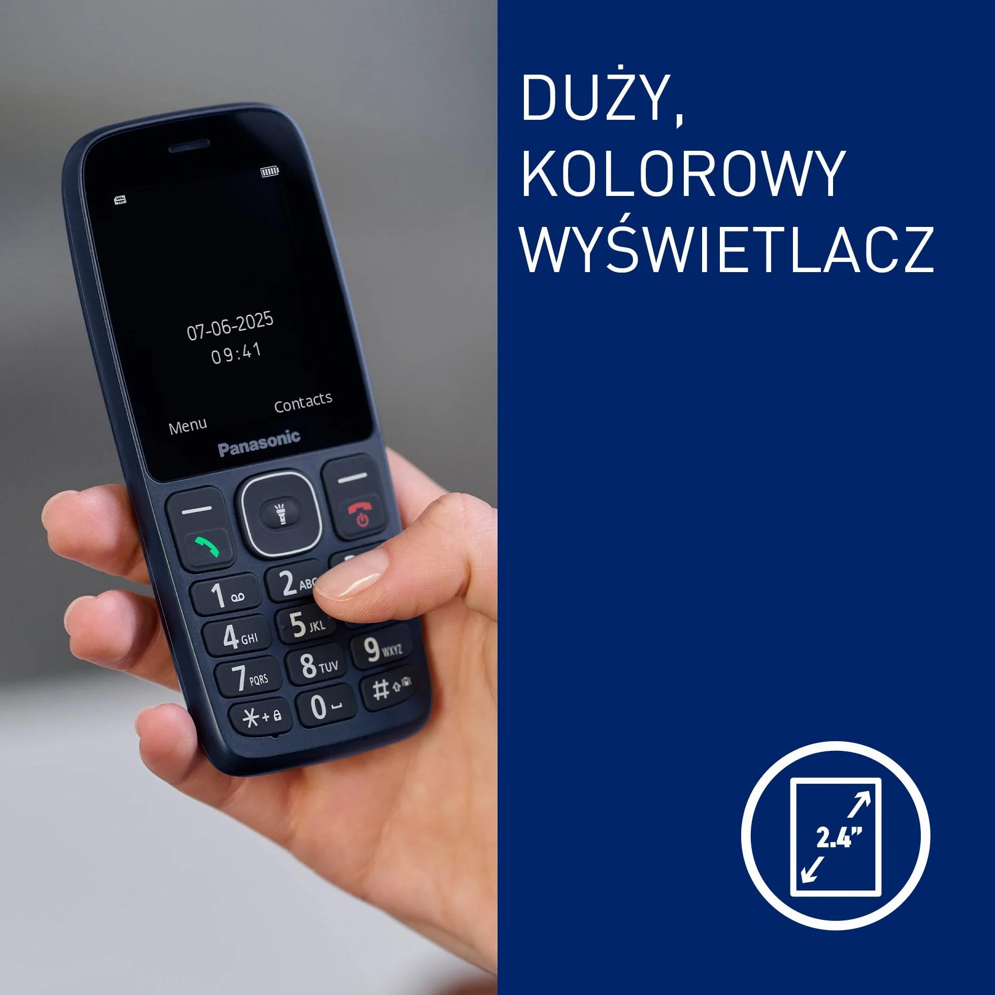 Panasonic KX-TF400EXC Łatwy w Użyciu Klasyczny Telefon 4 G VoLTE, 280 Godzin Czuwania, Ładowanie USB-C, Wyświetlacz 2,4 Cala, Bluetooth, Latarka LED, Aparat, Wodoodporność IP44, Niebieski