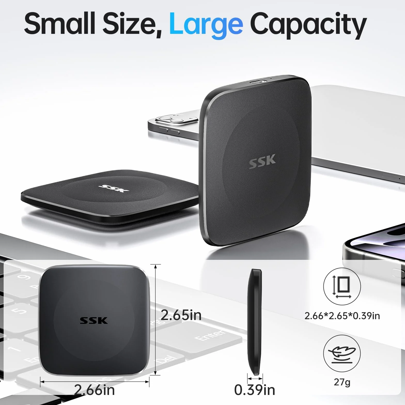 SSK 256GB Portable SSD up to 500MB/s,External Solid State Drive Type-C + USB A Fast External Hard Drive