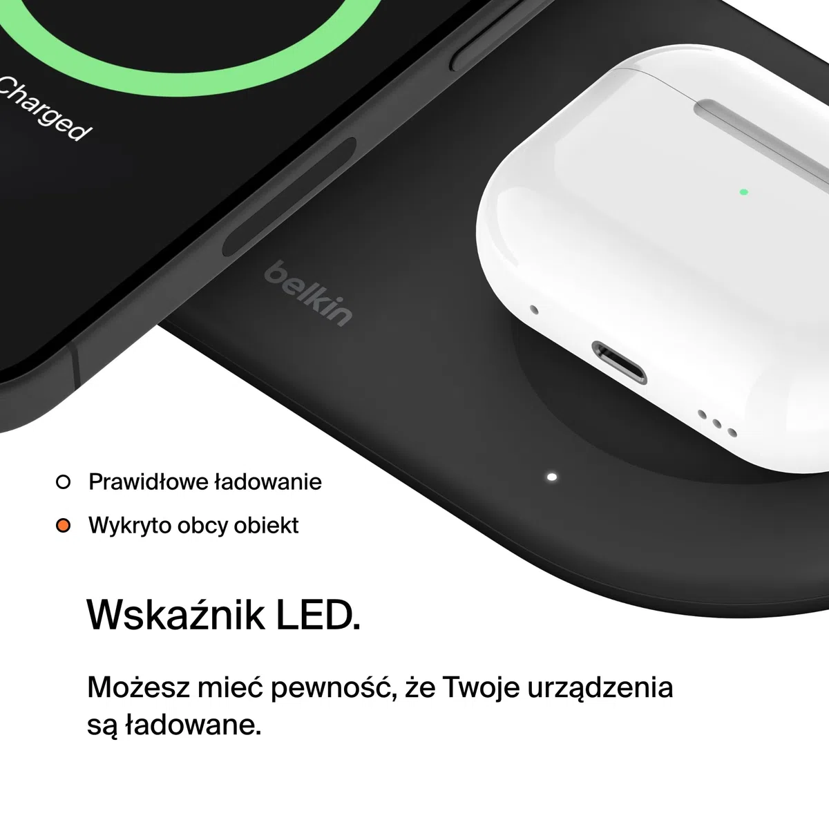 Belkin BoostCharge Pro bezprzewodowa podkładka ładująca 2 w 1 z Qi2 15W, szybkie ładowanie iPhone'a, zgodność z urządzeniami iPhone z serii 16/15/14/13/12, AirPods i innymi z obsługą MagSafe – czarna