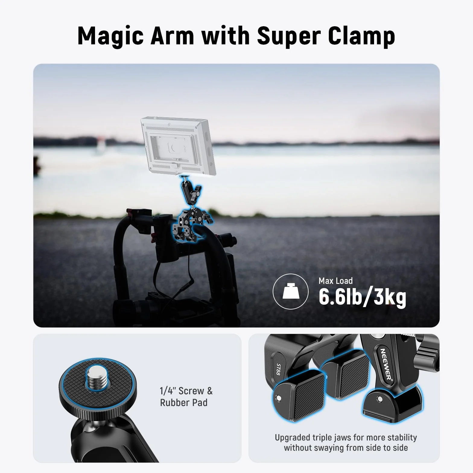 NEEWER Super Clamp+Magic Arm 3" z dwiema głowicami kulowymi, zacisk aparatu/telefonu z gwintem 1/4", ColdShoe, uchwyt na telefon i mocowanie kamery Action Cam kompatybilny z GoPro DJI iPhone 16 15 Pro