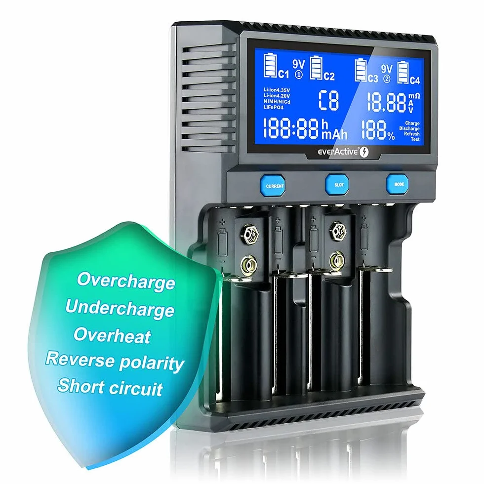 everActive Ładowarka do 4 cylindrycznych akumulatorów litowo-jonowych i Ni-MH, profesjonalna, szybka i uniwersalna, wyświetlacz LCD, test pojemności, model: UC4200