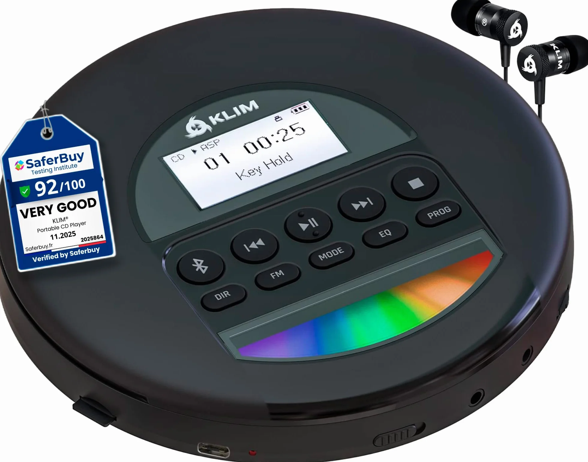 KLIM Nomad Discman przenośny odtwarzacz CD z długotrwałą baterią, ze słuchawkami, radio FM, kompatybilny odtwarzacz MP3, CD, radio FM, Bluetooth, idealny do samochodów, nowa wersja, kolor srebrny