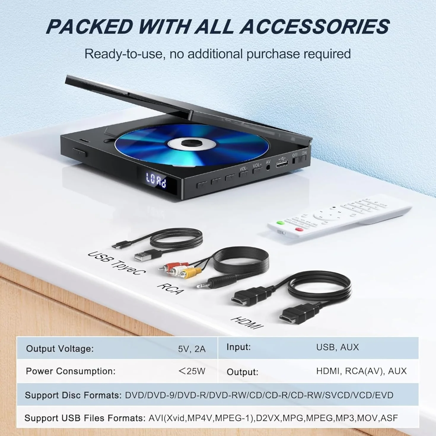 Super cienki odtwarzacz DVD, kompaktowy odtwarzacz DVD do telewizora, odtwarzacz z wbudowanym głośnikiem HiFi, wyjście USB, port AUX 3,5 mm, wbudowany PAL/NTSC