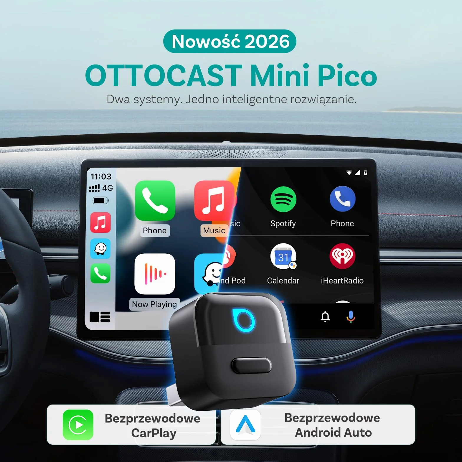 (2026 Nowość) OTTOCAST 2 w 1 Bezprzewodowy Adapter CarPlay i Android Auto, Ottocast Mini Pico z Odłączenie Jednym Naciśnięciem, BT 5.4, Plug & Play do Samochodów z Fabrycznym CarPlay/Android Auto