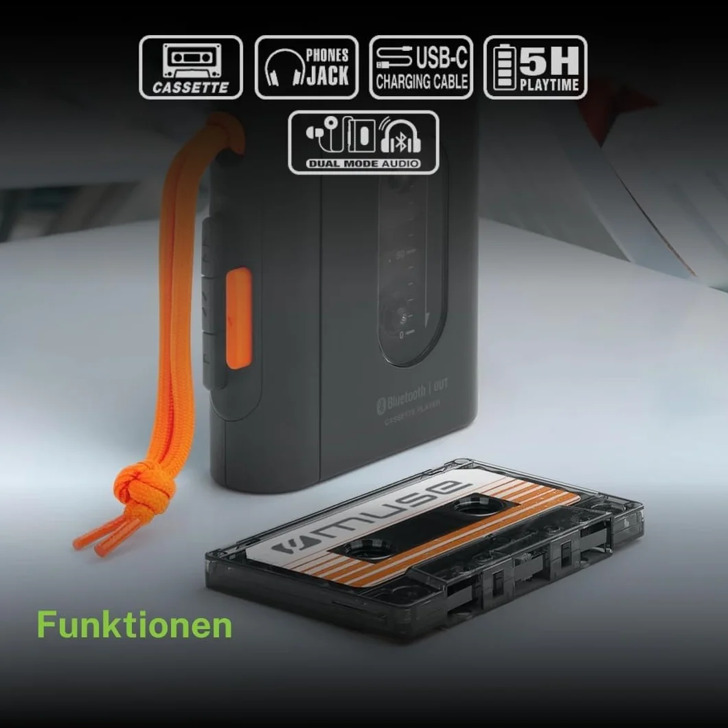 MUSE Przenośny odtwarzacz kasetowy z przyłączem słuchawkowym, szybkie ładowanie przez USB-C – eleganckie wzornictwo, czarny