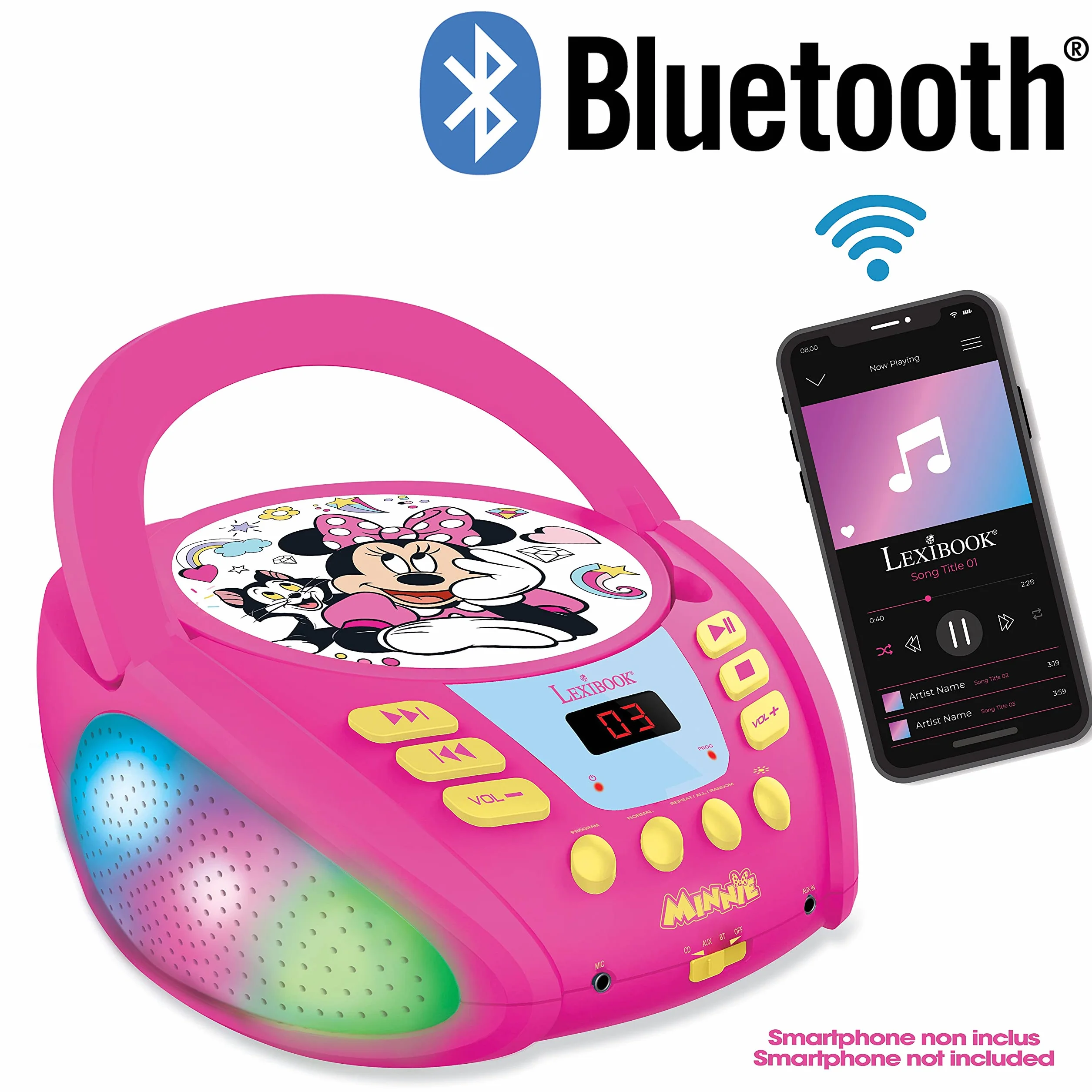 Lexibook RCD109MN Disney Minnie-Bluetooth Odtwarzacz DC dla Dzieci, Przenośny, Wielokolorowe Efekty Świetlne, Mikrofon, Gniazdo Aux-In, Ac Lub Zasilanie Bateryjne