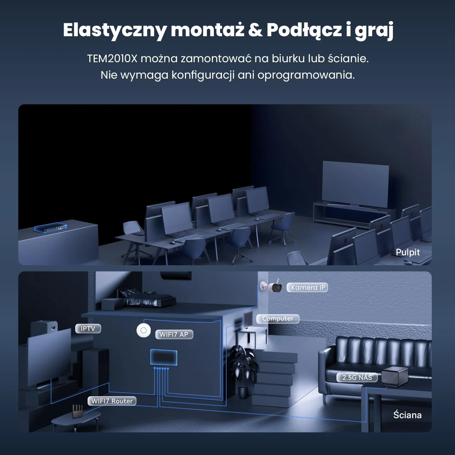 Tenda Przełącznik 2,5 Gb z 8 portami 2,5 G i 2 portami SFP+ 10G (VLAN, agregacja statyczna, brak zarządzania, Plug and Play, metalowa obudowa) (TEM2010X)