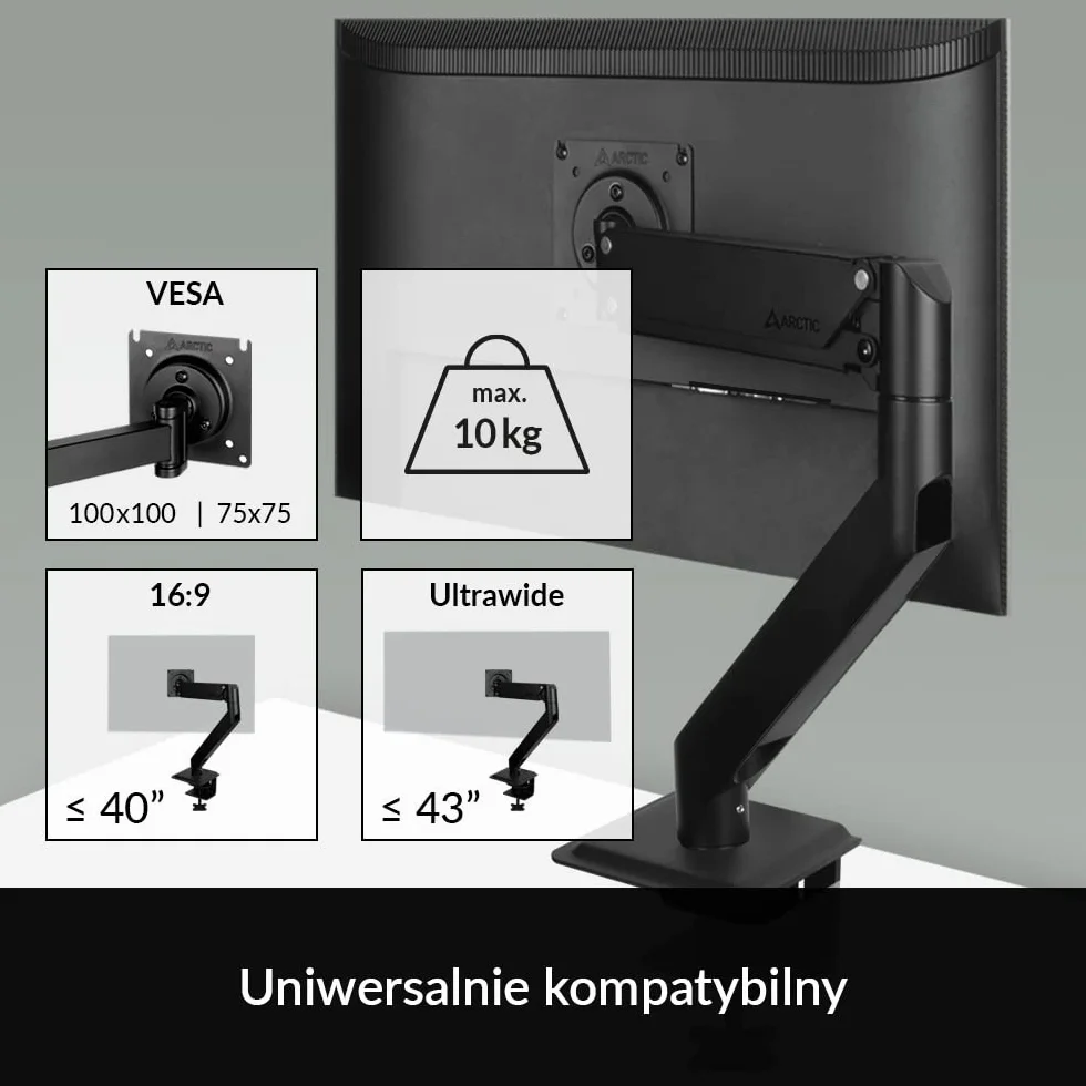 ARCTIC X1-3D Ramię na monitor z gazowym podnośnikiem do 40" Ultrawide 10 kg