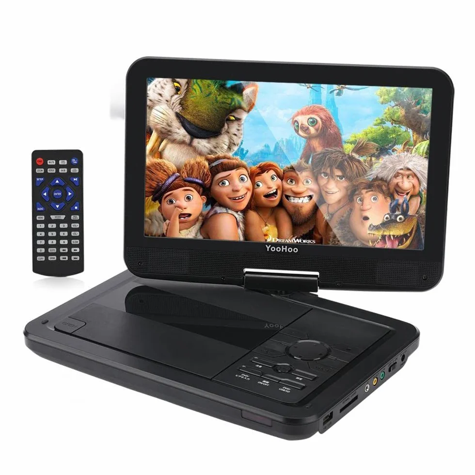 YOOHOO Przenośny odtwarzacz DVD 12,5" z obrotowym ekranem HD o przekątnej 10,5" o 270° z akumulatorem, zasilacz sieciowy obsługuje wszystkie regiony, wiele regionów, samochodowe odtwarzacze