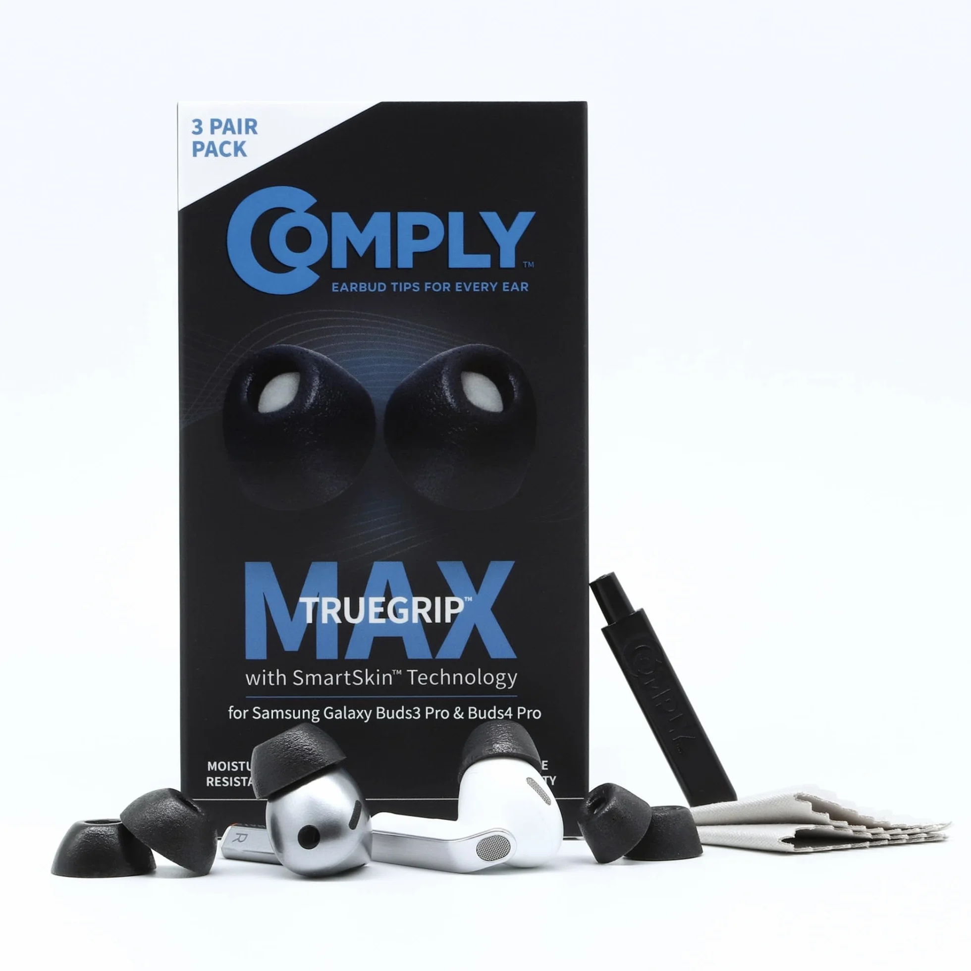 Comply TrueGrip MAX | Premium Memory Foam Replacement Earbud Tips for Samsung Galaxy Buds3 Pro | Long Lasting Comfort, MAX Durability, Secure Fit, Superior Noise Isolation| Black (Medium) (3 Pairs)