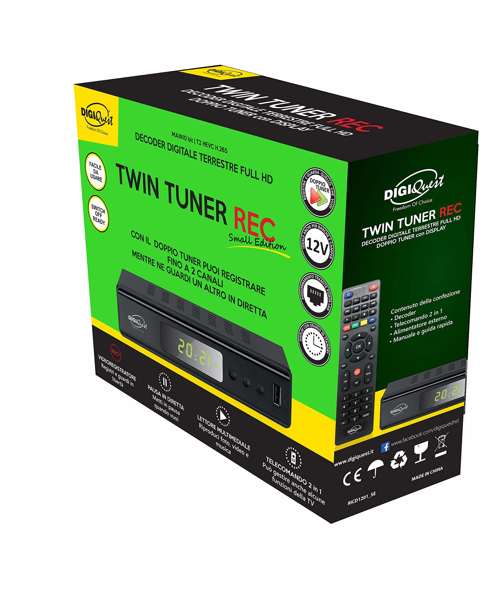 Digiquest Twin Tuner Rec - Small Edition - Dekoder Full HD TNT z funkcją nagrywania wideo, czarny