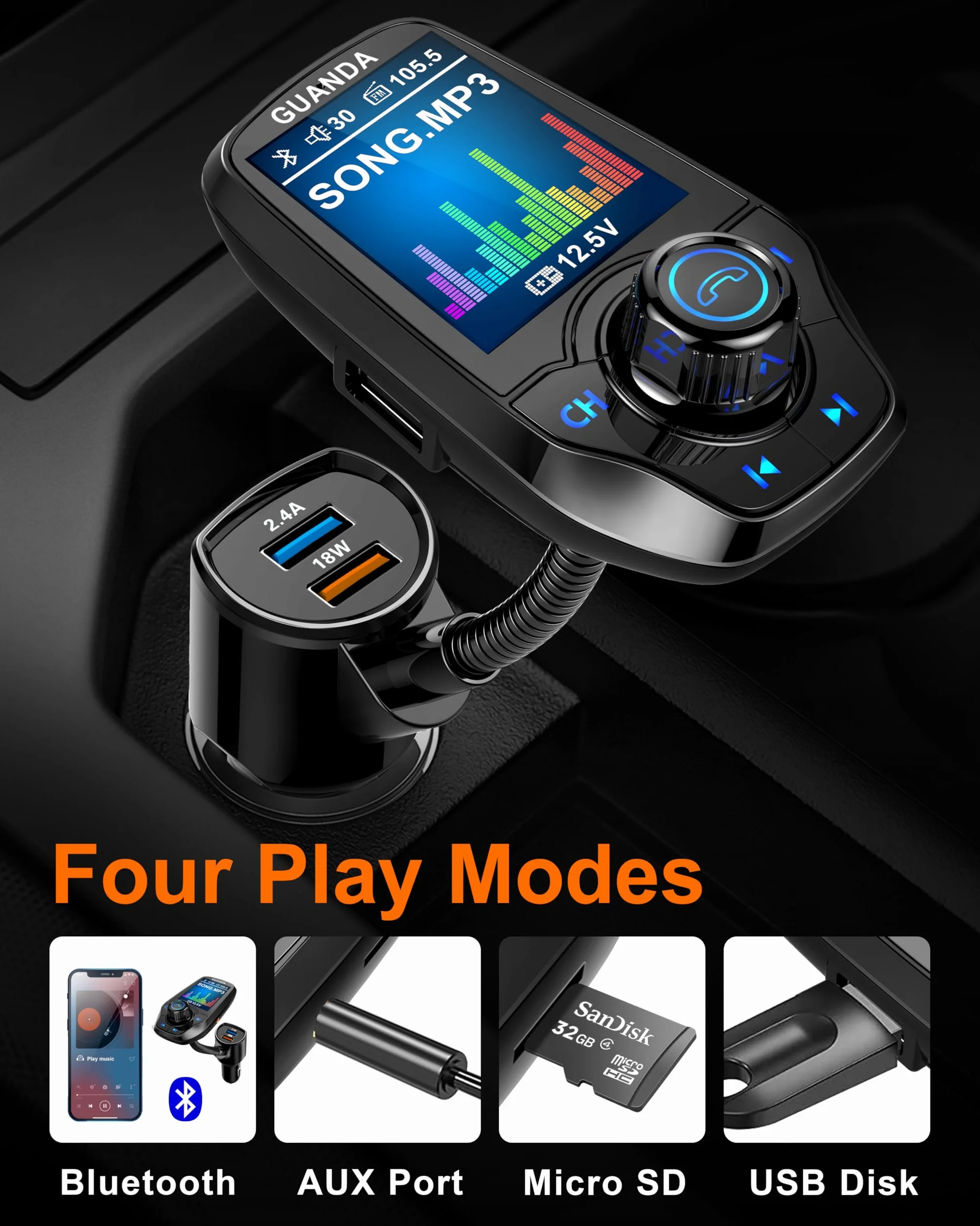 Bluetooth FM Transmitter for Car, 4-in-1 MP3 Player with 1.8" Display, AUX, 3 USB Ports, QC3.0, Handsfree Call, SD/TF Card