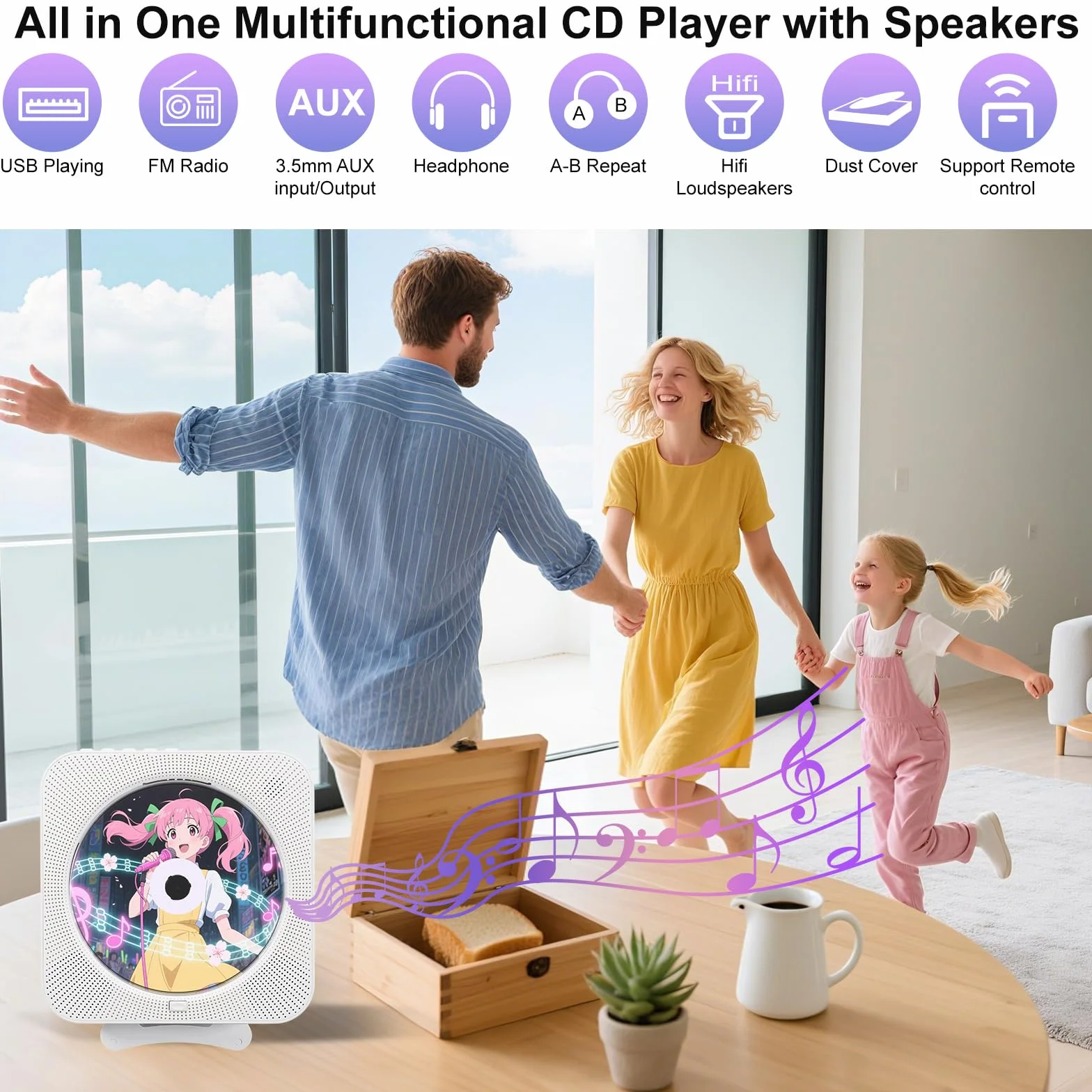 Odtwarzacz CD z Radio Boombox - Canareen Upgrade Odtwarzacz CD Bluetooth z osłoną przeciwpyłową i ekranem LED | Gniazdo AUX 3,5 mm z pilotem Domowe audio Radio FM USB MP3 odtwarzacz muzyki (Biały)