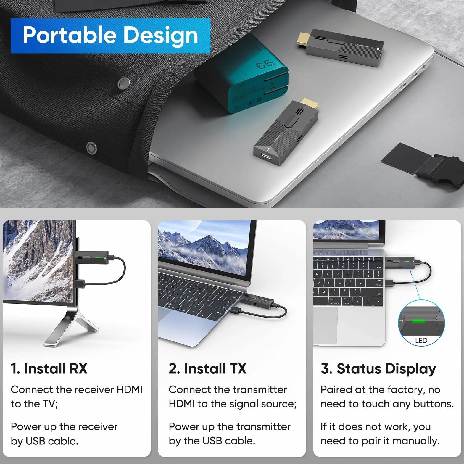 Bezprzewodowy nadajnik i odbiornik HDMI, 2,4 g/5G, HDMI, dekodowanie 4K, wyjście 1080p, Plug & Play, do strumieniowego przesyłania wideo i audio z laptopa/PC/TV Box do monitora/telewizora/projektora