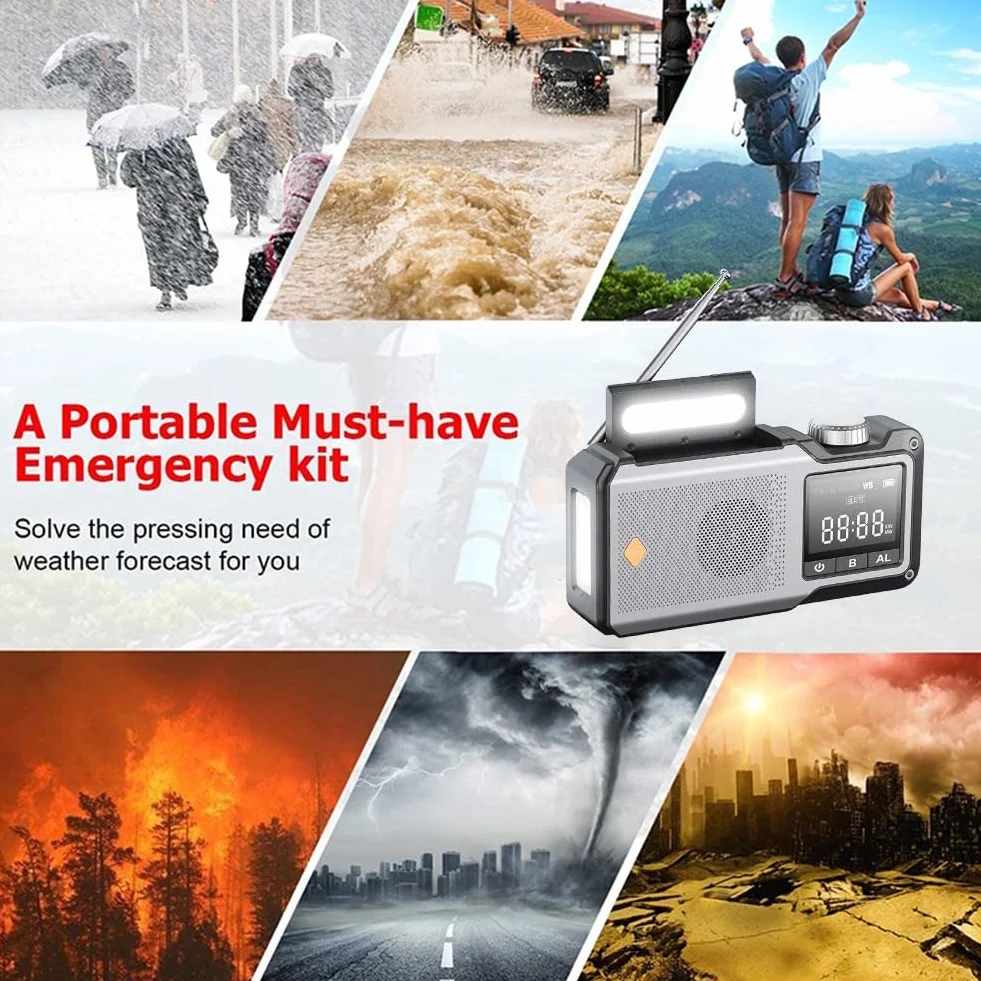 10000 mAh ręczne radio awaryjne AM/FM/WB Weather Radio solarne (kolor szary)