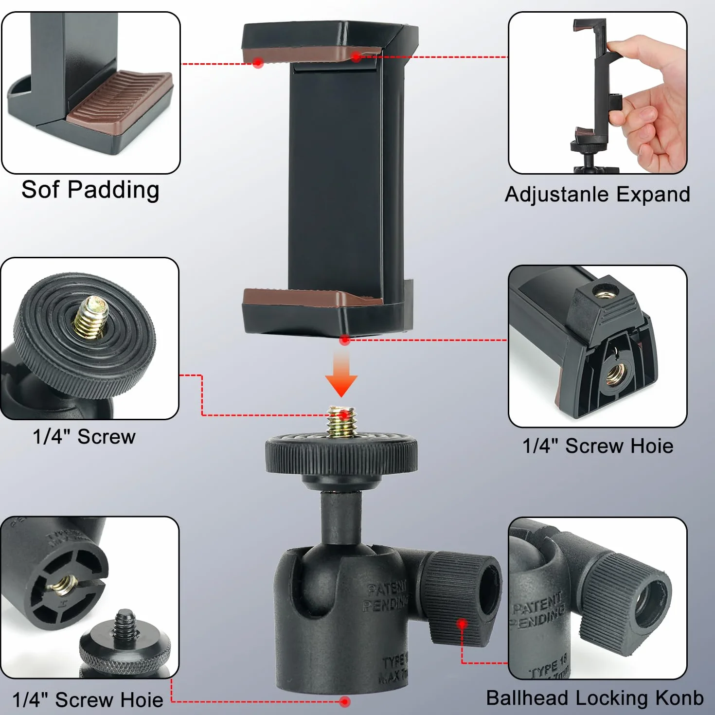 Koolehaoda Adapter do statywu do telefonu komórkowego z uniwersalną obrotową mini głowicą kulową 1/4", obrotowy o 360°, regulowany uchwyt zaciskowy do telefonu komórkowego i smartfona