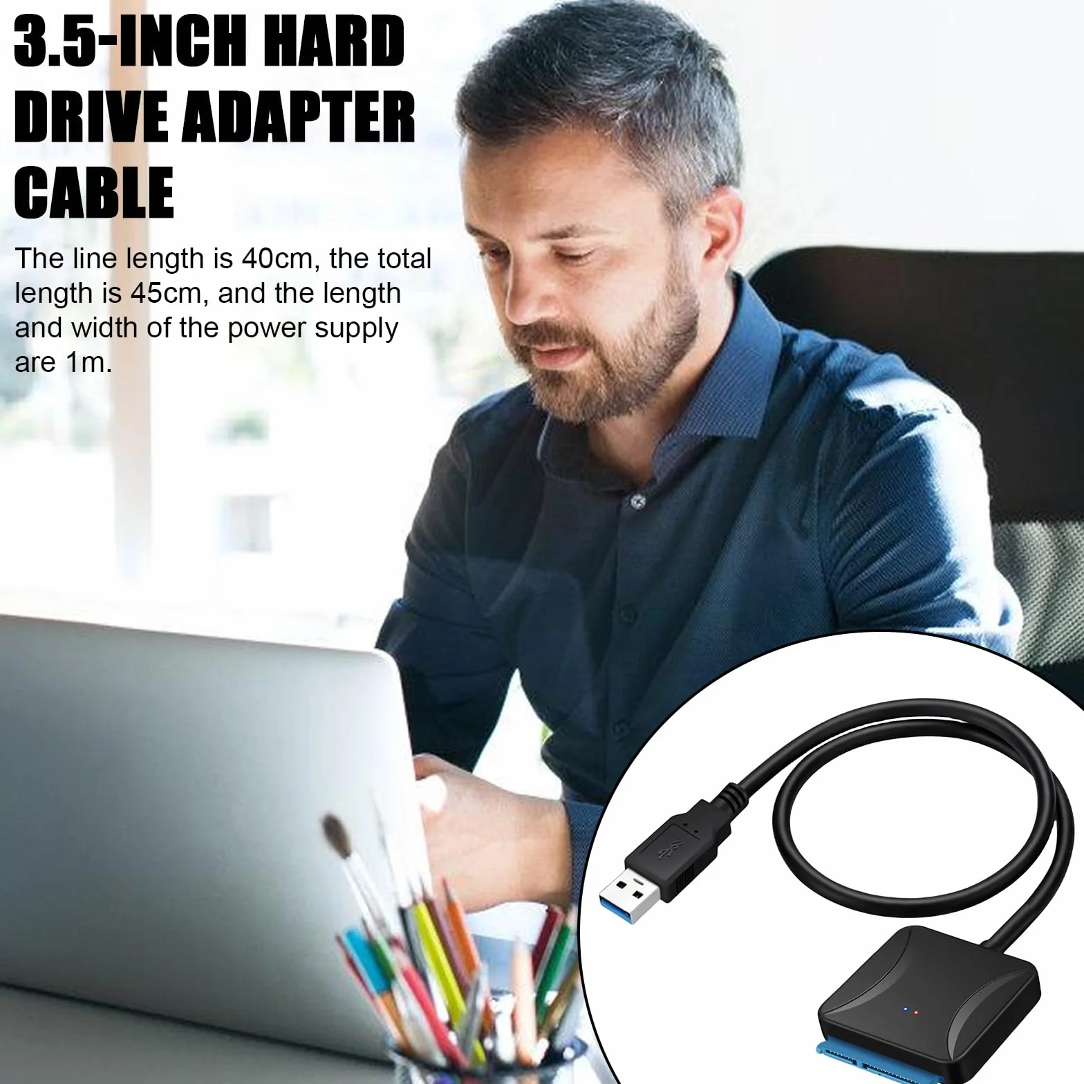 Leikurvo Adapter USB 3.0 na SATA, USB 3.0 na SATA III adapter dysku twardego z adapterem sieciowym 12 V/2 A do dysków twardych 2,5 cala / 3,5 cala HDD/SSD