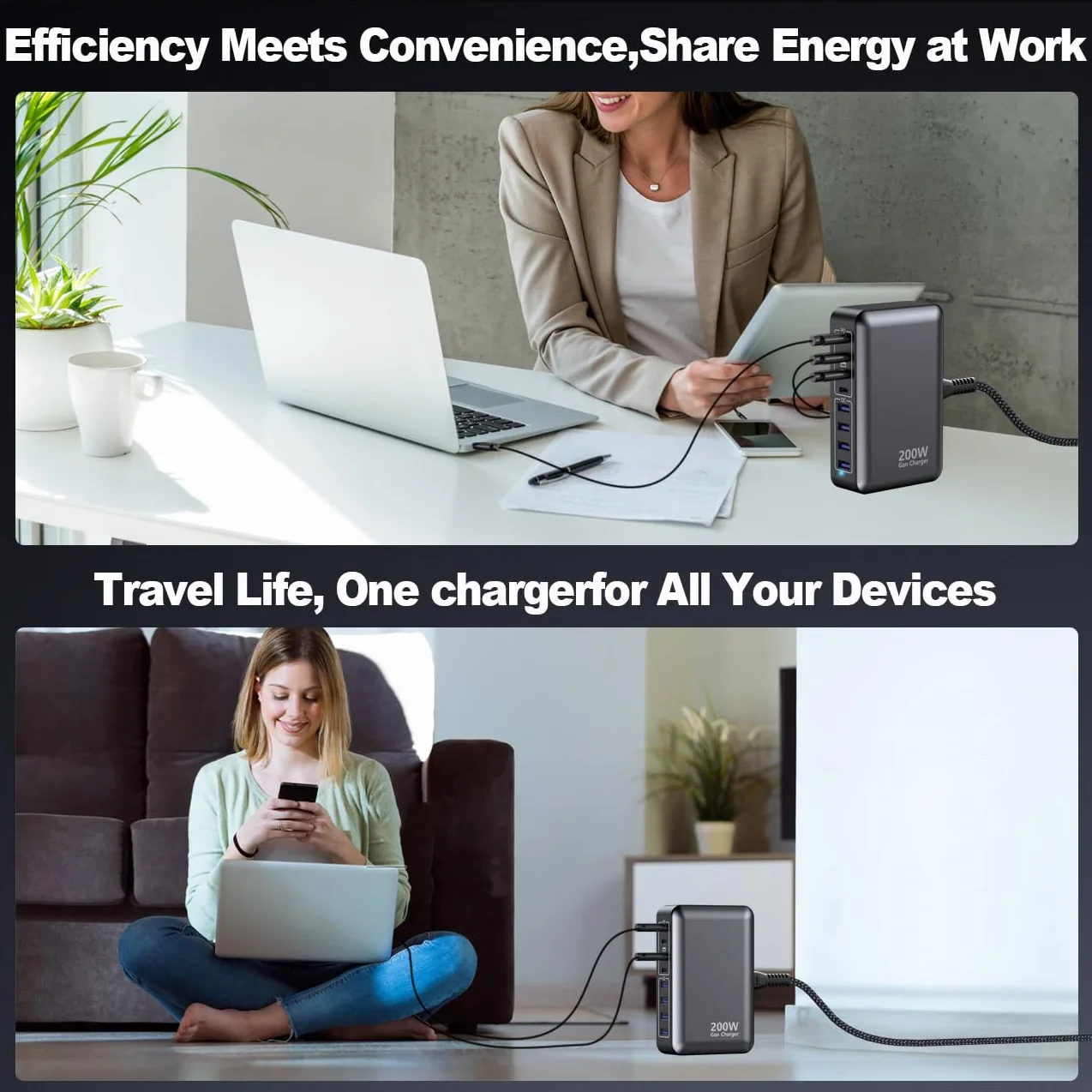 Ładownica USB C 200W 8-portowy Gan Fast Charging Station Hub PD 65W ON/OFF Switch