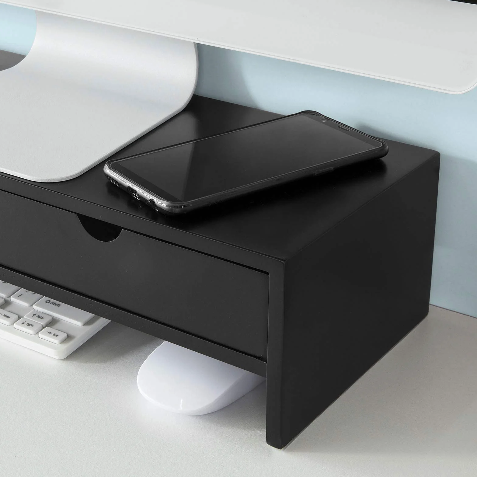 SoBuy Organizer na biurko z 2 szufladami, stojak na monitor, czarny, 47x11x18 cm BBF02-SCH