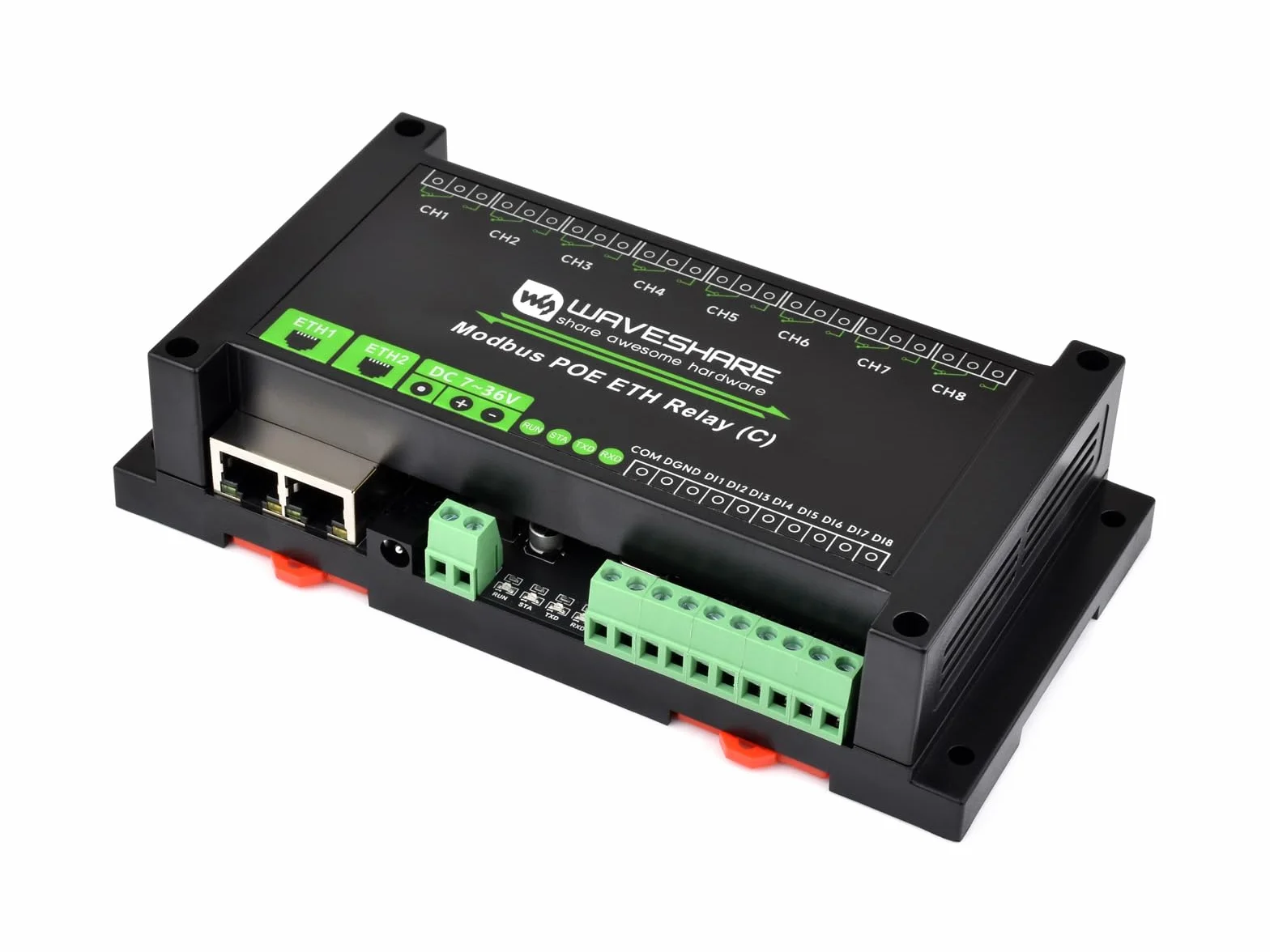 Waveshare 8-Ch Relay Module Dual Ethernet Ports PoE Modbus RTU Industrial Rail-Mount