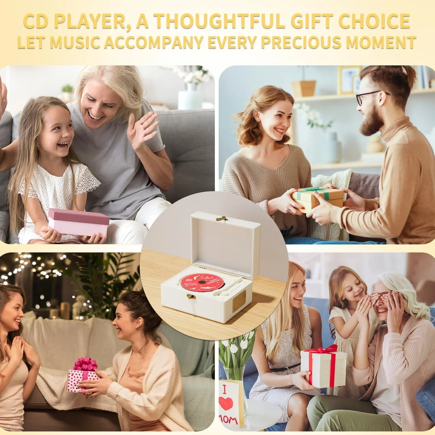 Yintiny Ładowalny skórzany odtwarzacz CD z głośnikami, nadajnik Bluetooth, prezent festiwalowy, odtwarzacz BGM do dekoracji wnętrz, biały