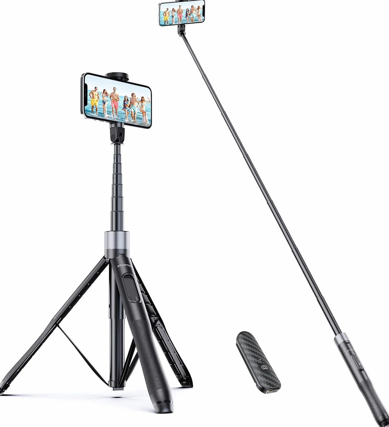 ATUMTEK kijek do selfie o długości 150 cm, z wytrzymałego aluminium i antypoślizgowymi nóżkami do telefonów iPhone/telefonów z systemem Android, do selfie, nagrywania wideoblogów i transmisji na żywo