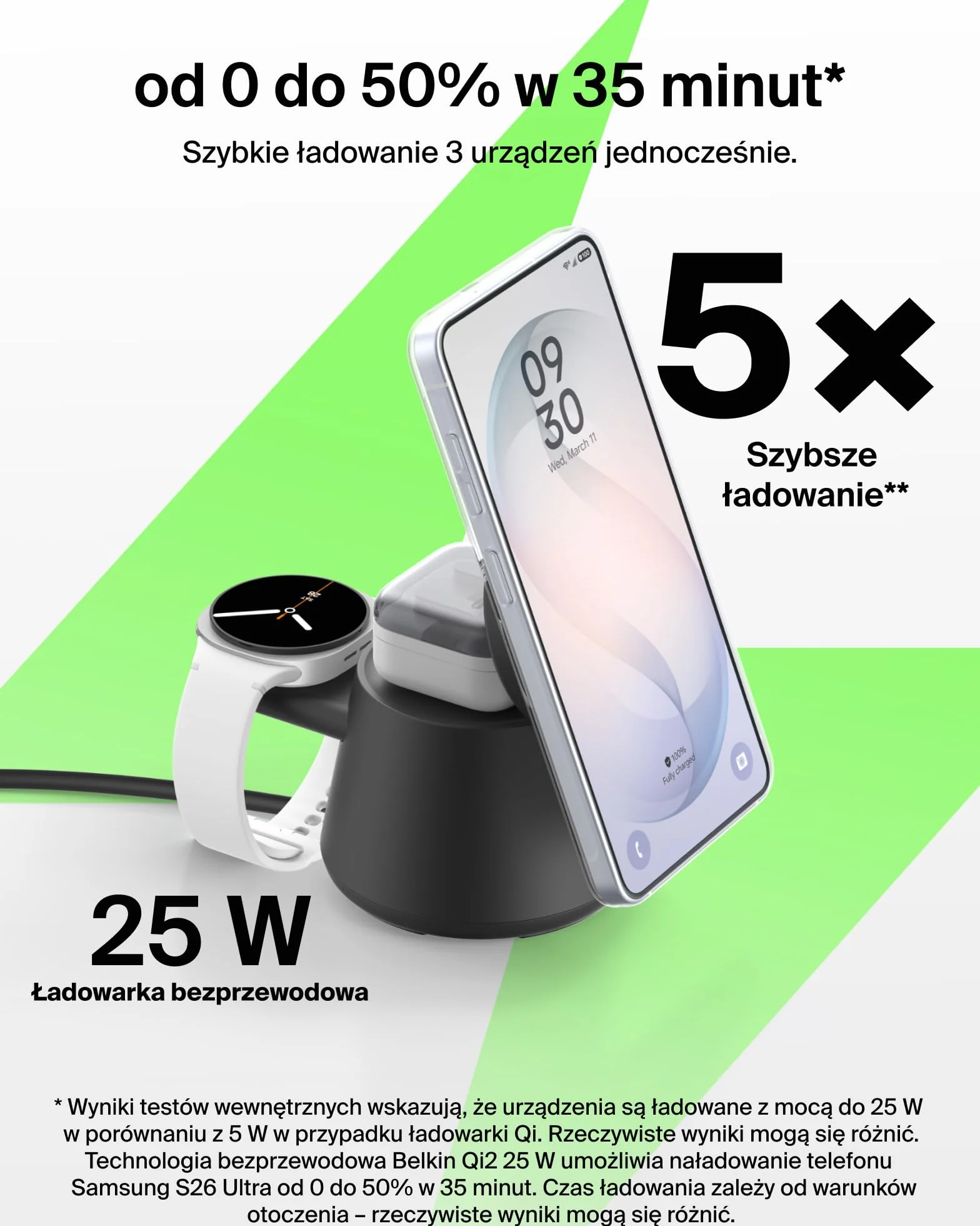 Belkin UltraCharge Bezprzewodowa Stacja 3 w 1 z Portem USB-C do Smartwatcha (Bez Ładowarki do Zegarka), Ładowarka Magnetyczna Qi2.2 25 W, Zasilacz 45 W – Samsung Galaxy S26, Galaxy Watch, Apple Watch