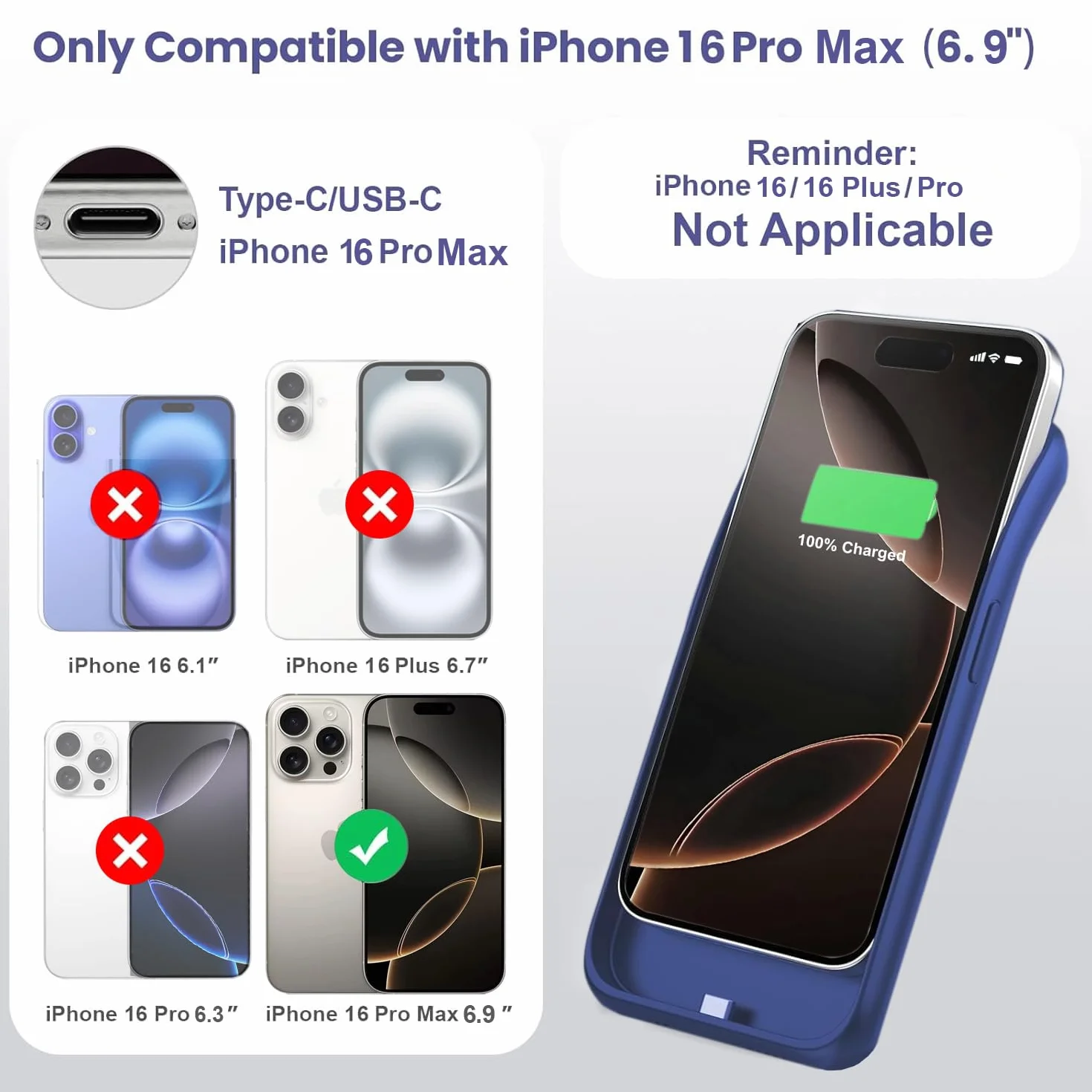 Feob Etui na baterię do iPhone 16 Pro Max, 8600 mAh 15 W powerbank, etui dodatkowe z akumulatorem, etui do ładowania, etui na telefon komórkowy, etui na telefon komórkowy, etui z baterią do iPhone 16