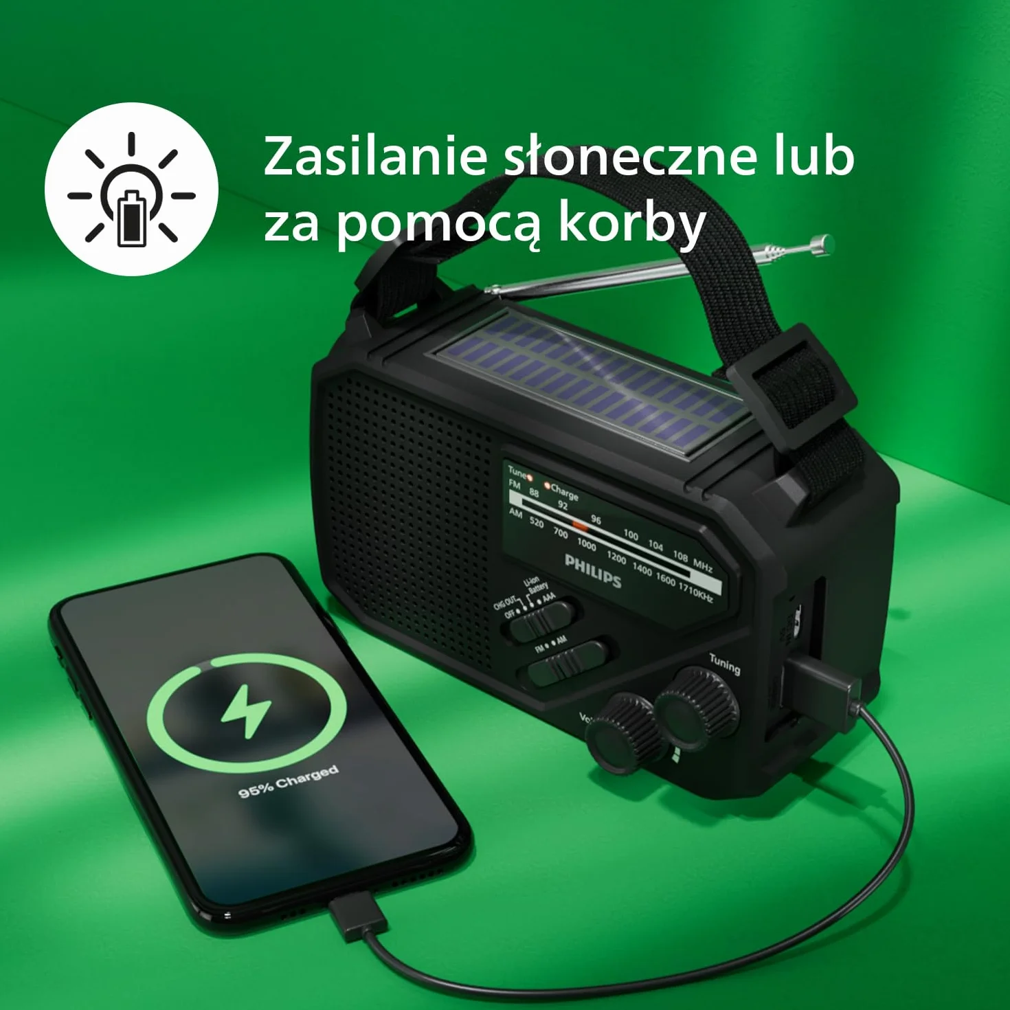 Philips TAR1659 Przenośne radio FM/AM z akumulatorem, korbą, lampą LED i latarką