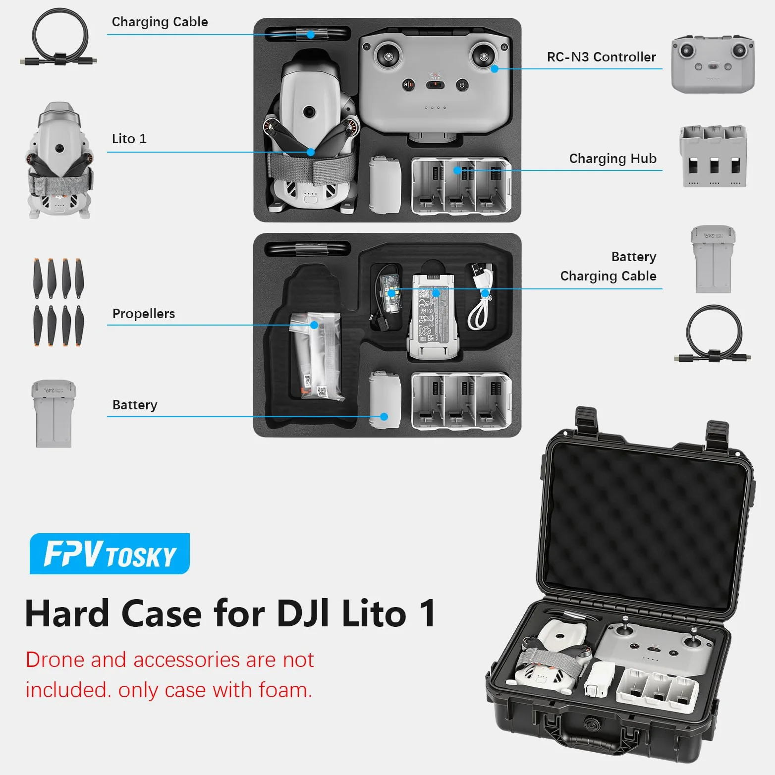 FPVtosky Twarde etui do Lito 1, futerał do DJI Lito 1, kompatybilny z RC-N3, baterią, koncentratorem ładowarki i innymi akcesoriami [TYLKO OBUDOW]