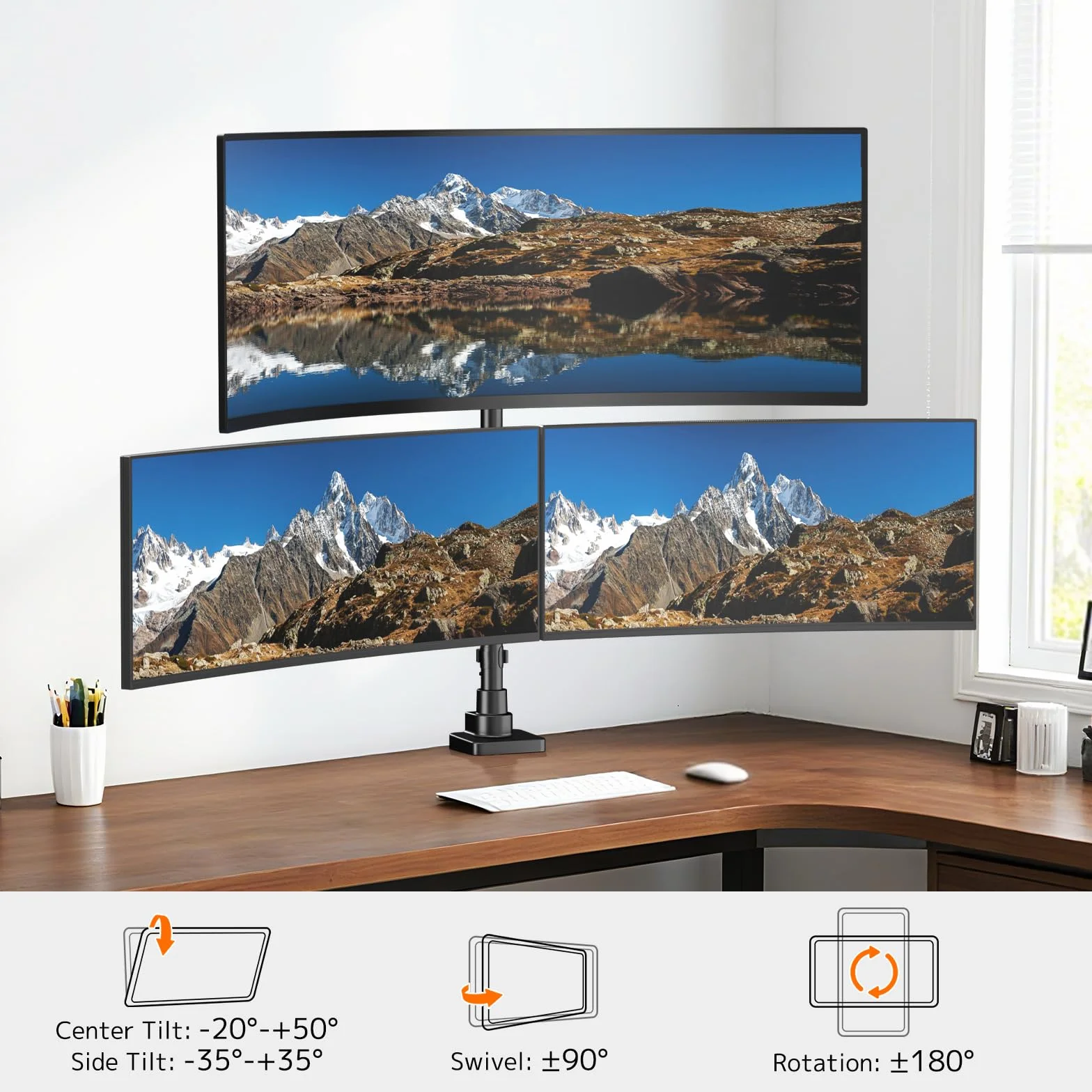Uchwyt do monitora, 3 monitory, biurko – 1 stały 49" i 2 sprężyny gazowe 35", uchwyt na ekran, 3 monitory, regulacja wysokości, drążek 80 cm, uchwyt stołowy do 20 kg