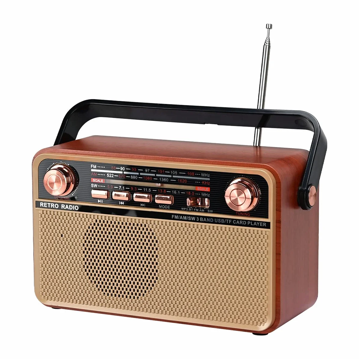 Radio retro AM/SW/FM przenośne Bluetooth USB TF AUX wbudowany głośnik brązowy