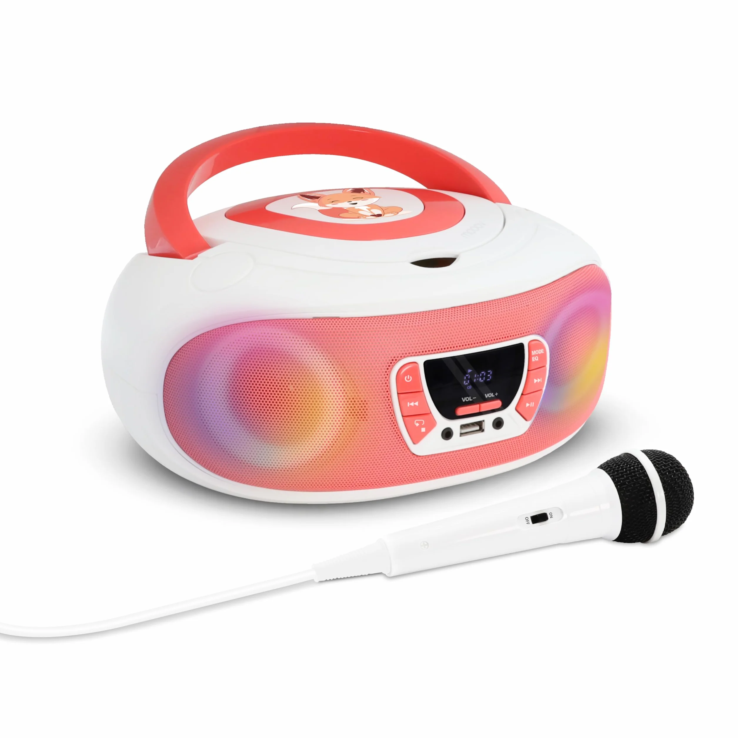 MOOOV 477409 Odtwarzacz CD Radio FM do karaoke z mikrofonem i efektami świetlnymi - funkcja bezprzewodowa BT