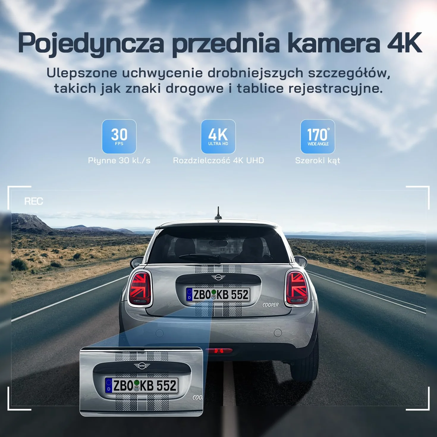 Kamera samochodowa WOLFANG 4K przednia i tylna kamera samochodowa Wi-Fi z kartą SD 32 GB, podwójna kamera samochodowa z noktowizorem, nagrywanie w pętli, czujnik G, szeroki kąt 170, osłona parkowania