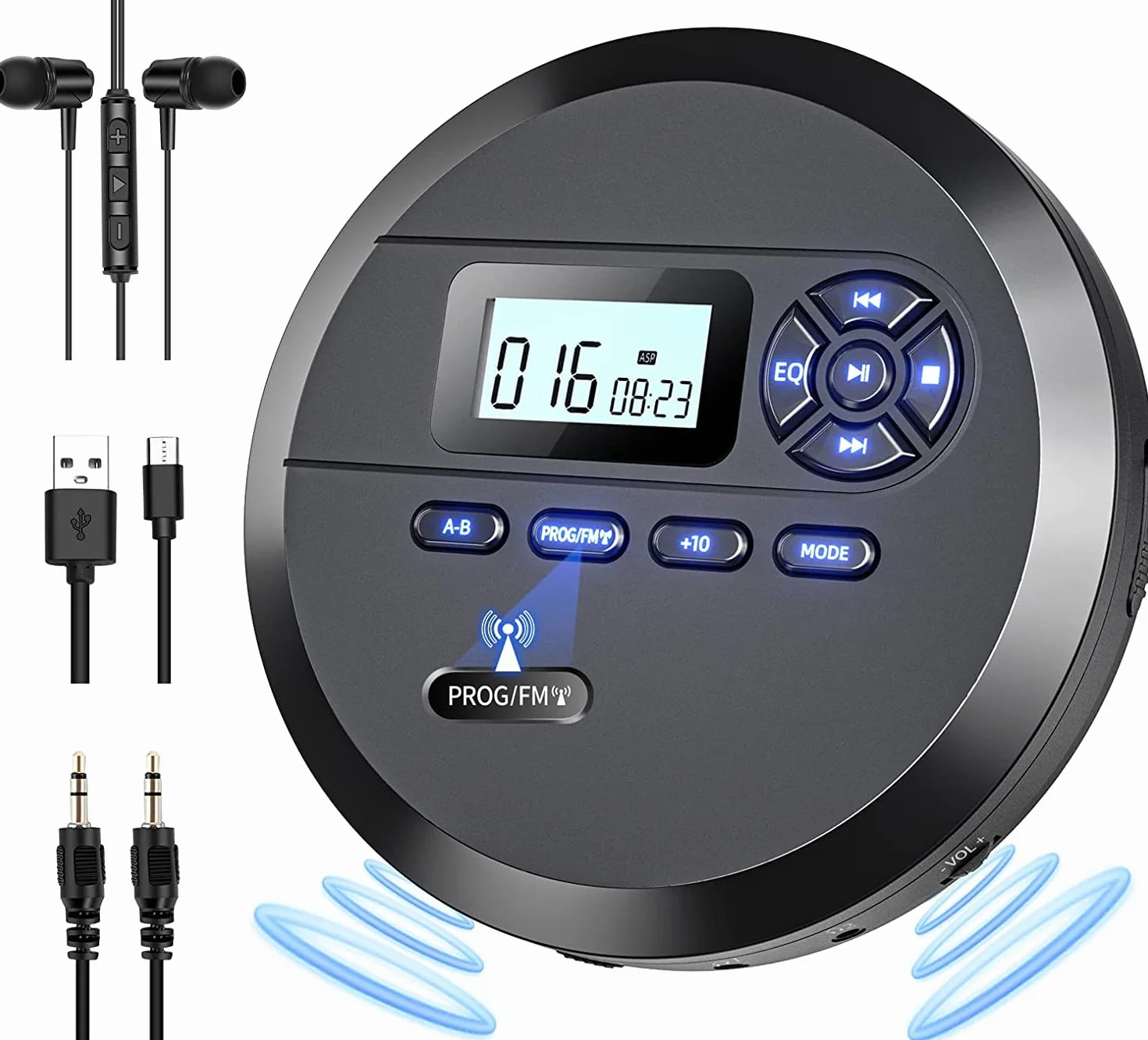 DESOBRY Przenośny odtwarzacz CD 2000 mAh z głośnikami i nadajnikiem FM