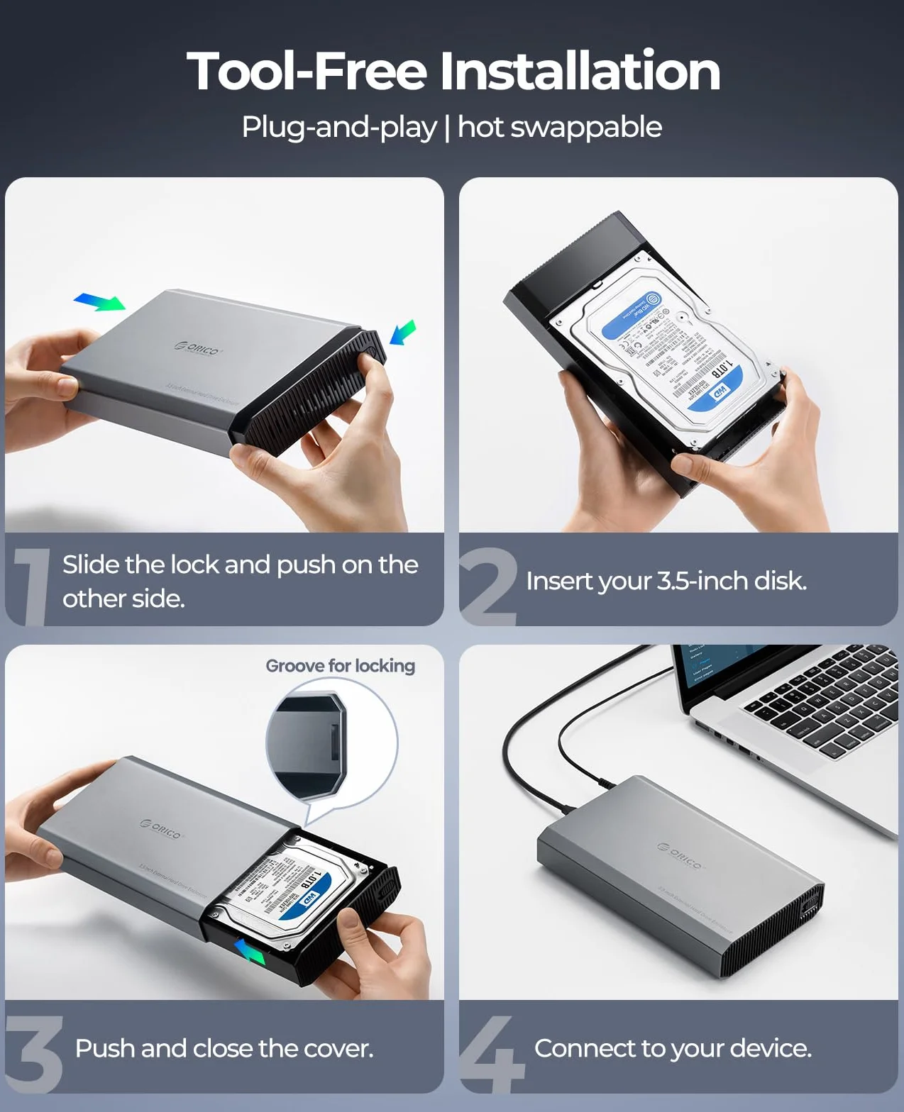 ORICO Aluminiowa obudowa dysku twardego 3,5 cala USB C 3.2 6 Gbps zewnętrzna HDD SATA SSD 20 TB