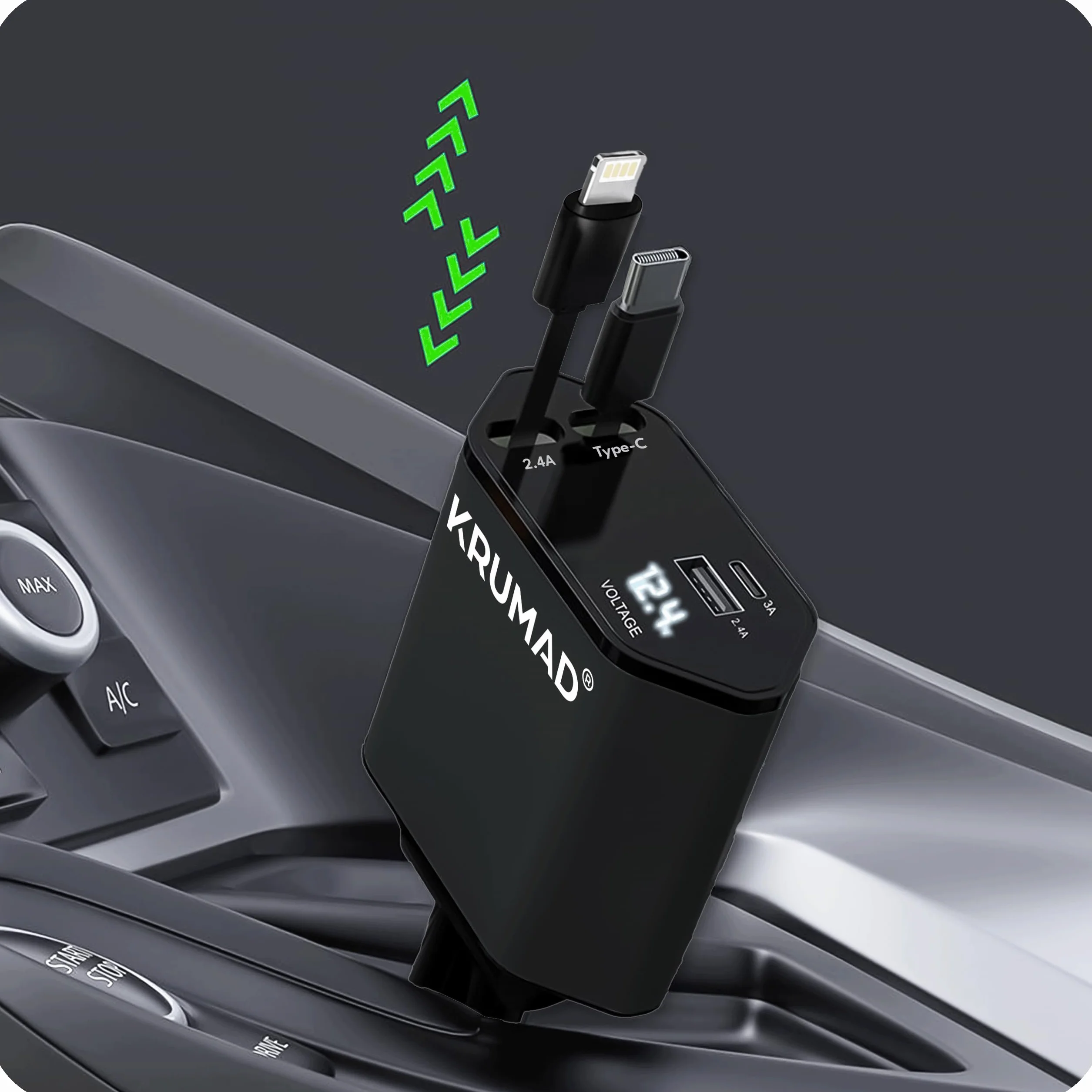 KRUMAD Ładowarka samochodowa 120W, Szybka ładowarka do auta 2x USB-C + 1x USB + 1x Lightning, adapter do gniazda zapalniczki z wyświetlaczem LED, kompatybilna z większością smartfonów
