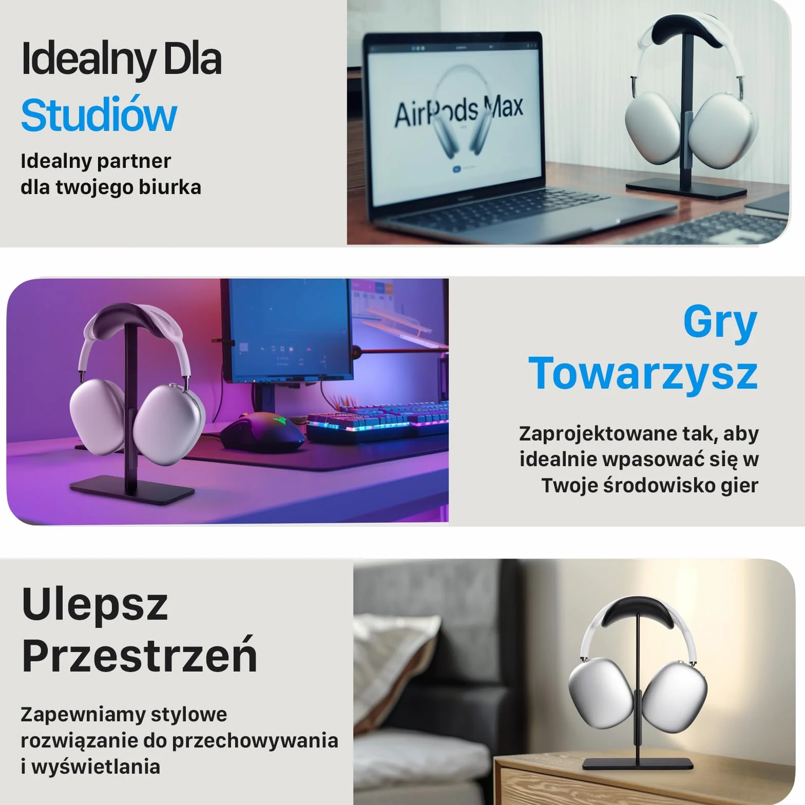 AirPods Max stojak z trybem uśpienia – solidna aluminiowa, antypoślizgowa podstawa, ochrona ABS, powierzchnia dotykowa odporna na zarysowania (czarna)