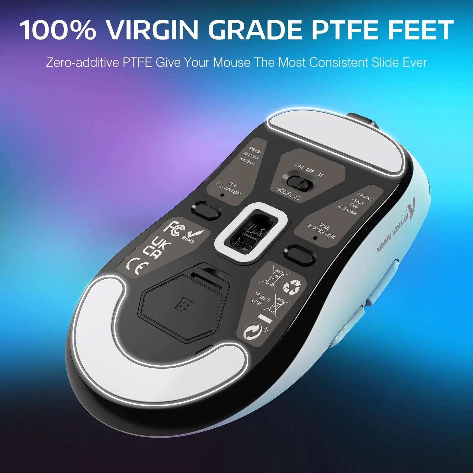 VGN GAMEPOWER ATTACK SHARK X3 SUPERLIGHT Bezprzewodowa mysz do gier, ultralekka mysz 49 g, PixArt PAW3395, 26000 DPI, Tri-mode 2.4G/USB-C przewodowa/Bluetooth, G502, bateria 200 godzin, przełącznik