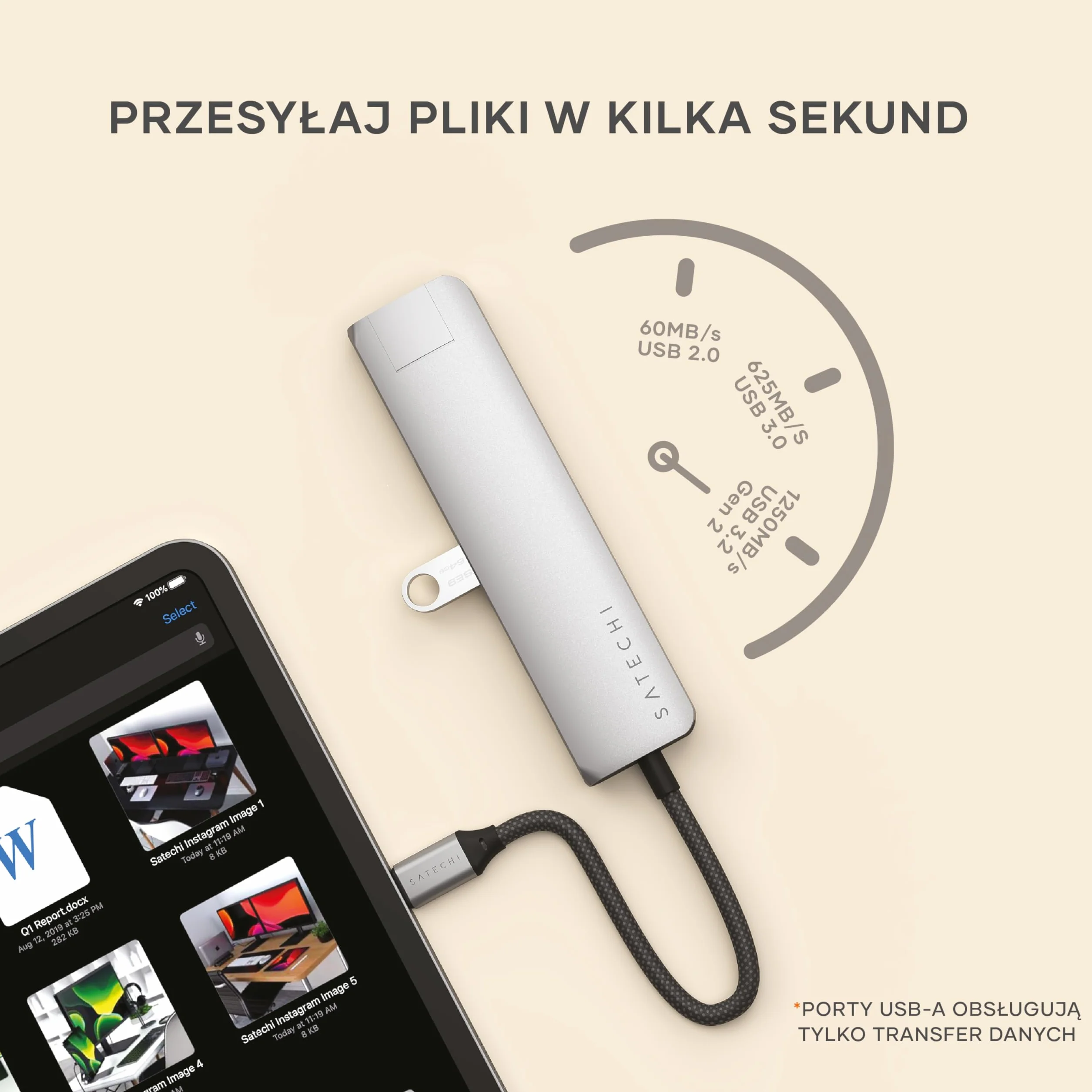 SATECHI 7-w-1 Slim Plus koncentrator USB-C, adapter wieloportowy z Ethernetem, ładowaniem PD 100 W, HDMI 4K@60Hz, 2x USB-A 10 Gb/s i SD/MicroSD do MacBooka Air/Pro/Neo, laptopa i innych – szary