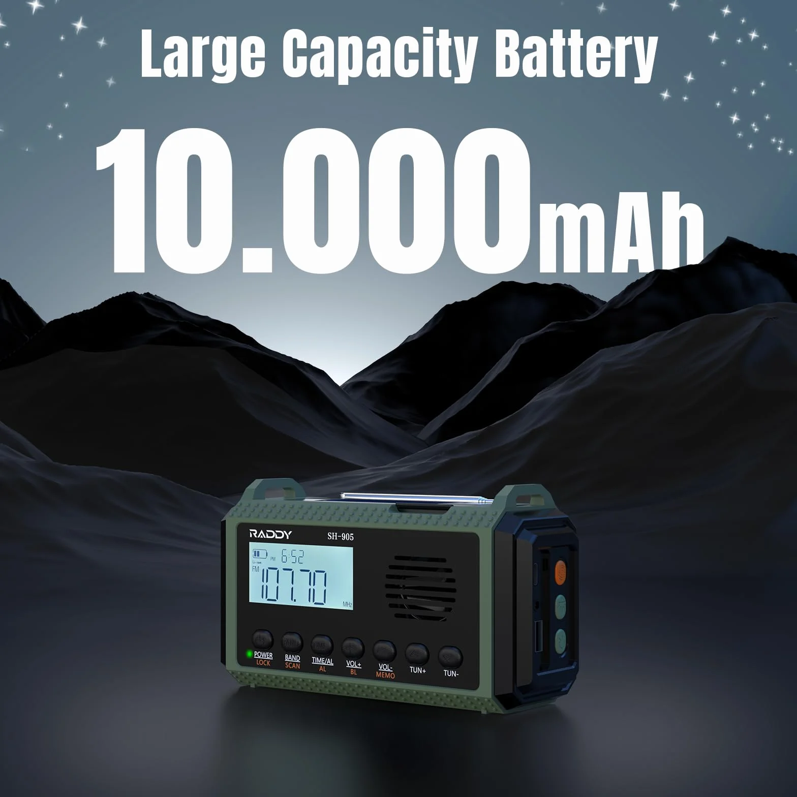 Raddy SH-905 Radio korbowe, pojemność 10000 mAh, SW/AM/FM, solarne radio awaryjne, przenośne, krótkofalowe, z latarką, lampką do czytania, SOS w przypadku awarii zasilania, do survivalu, na kemping