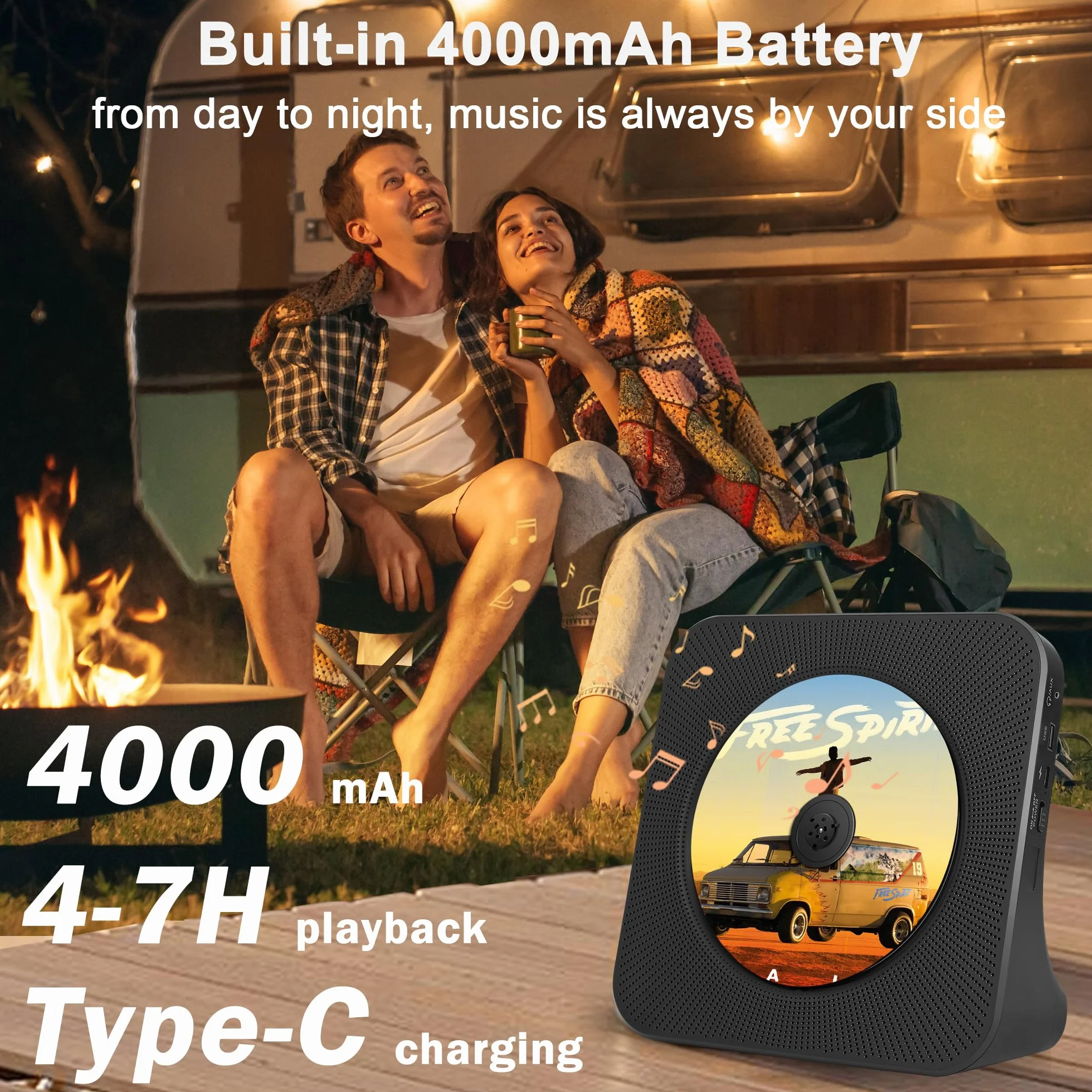 Przenośny Odtwarzacz CD Bluetooth z Radio FM, Głośniki, Pilot, Bateria 4000 mAh, USB, AUX