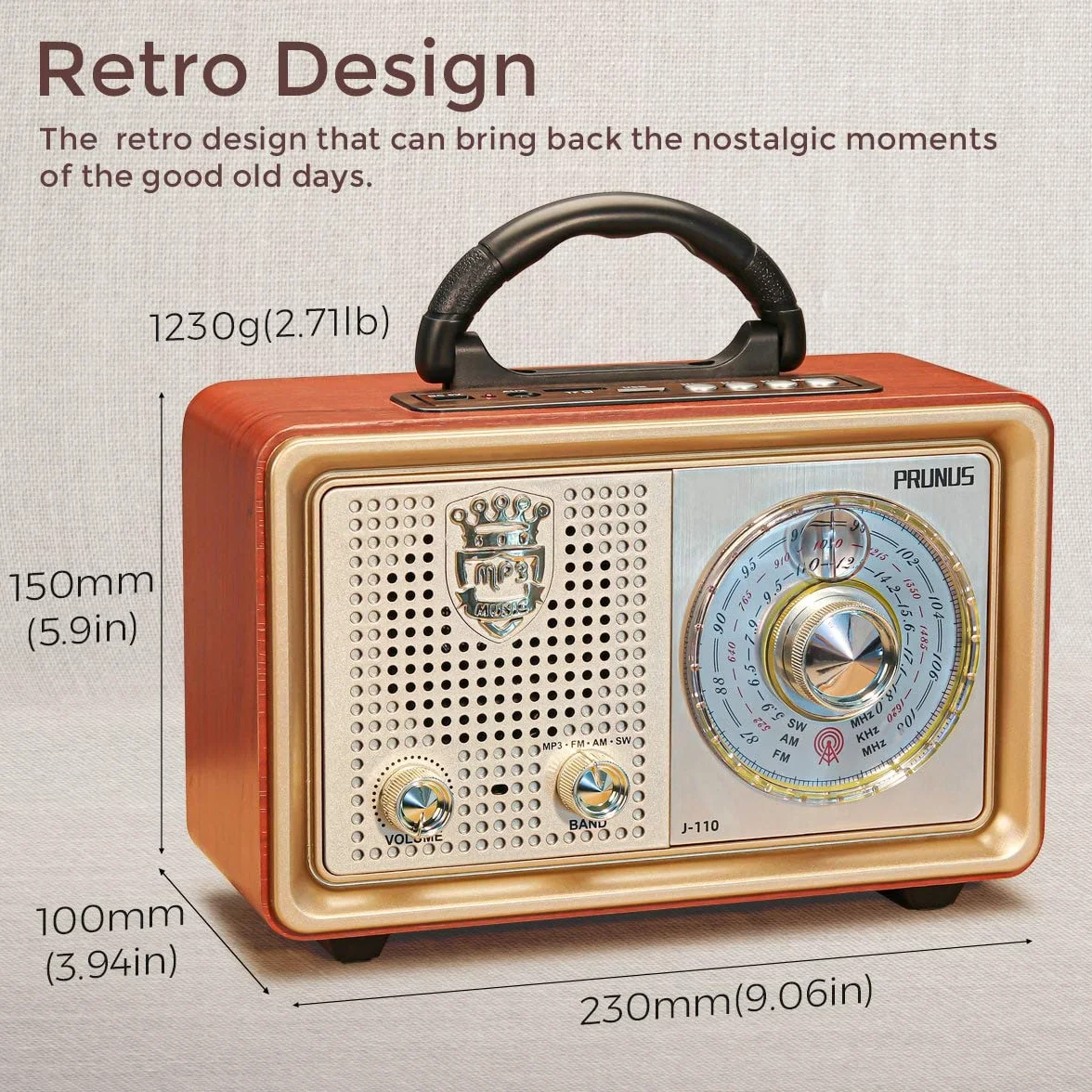 Radio PRUNUS J-110 AM/FM/SW w stylu retro z Bluetooth, nostalgiczne radio z 3 opcjami zasilania, obudowa imitująca drewno, głośnik 5 W z wzmocnionym basem, obsługa USB/TF/AUX. （Złoty）