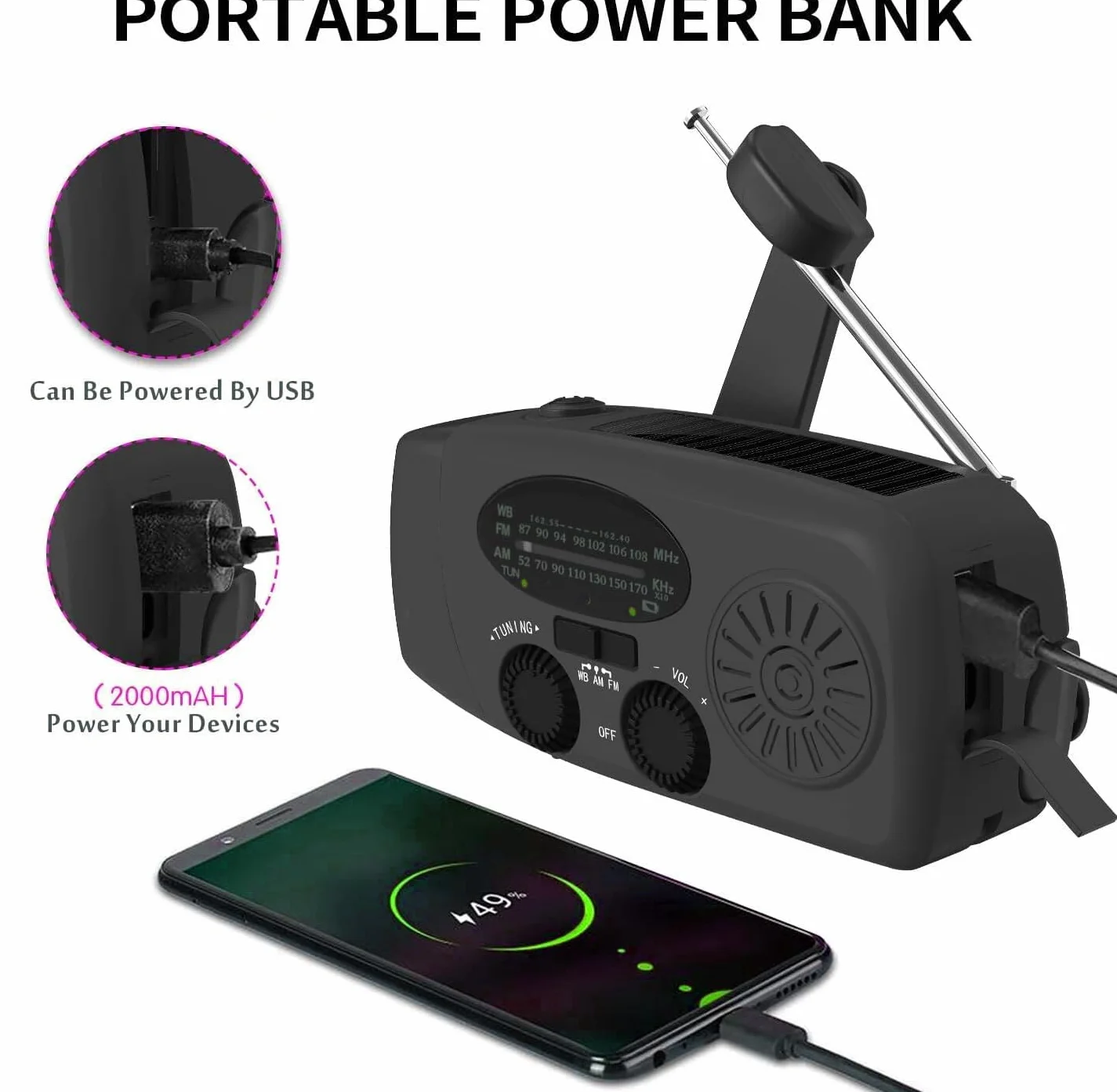Radio awaryjne z korbą AM/FM solarne 2000 mAh powerbank latarka LED ładowarka czarny