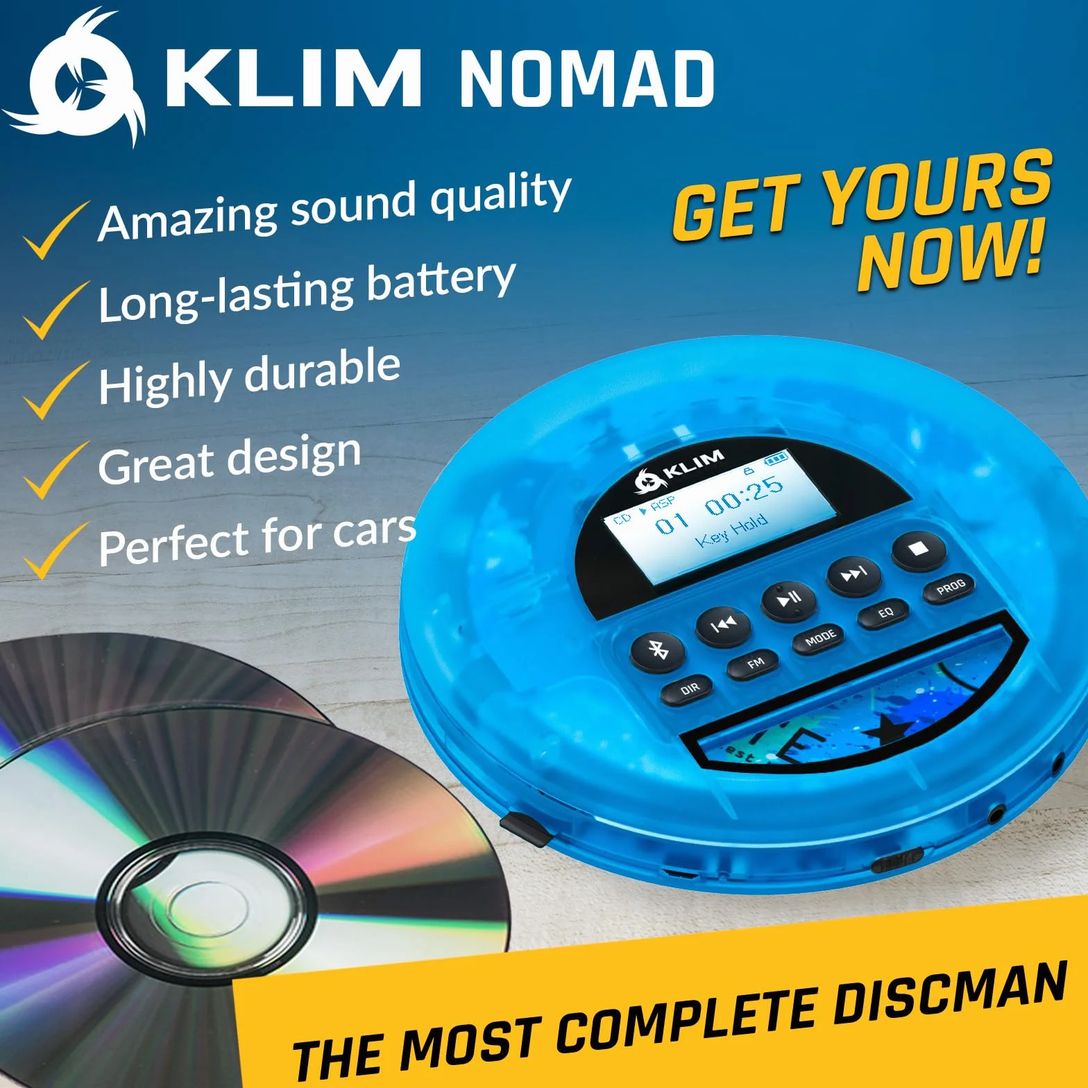 KLIM Nomad Transparent Blue - Przenośny odtwarzacz CD z długotrwałą baterią - w zestawie słuchawki - odtwarzacz MP3 Discman - karta TF, radio FM, Bluetooth, AUX - idealny do domu, samochodów - Wersja