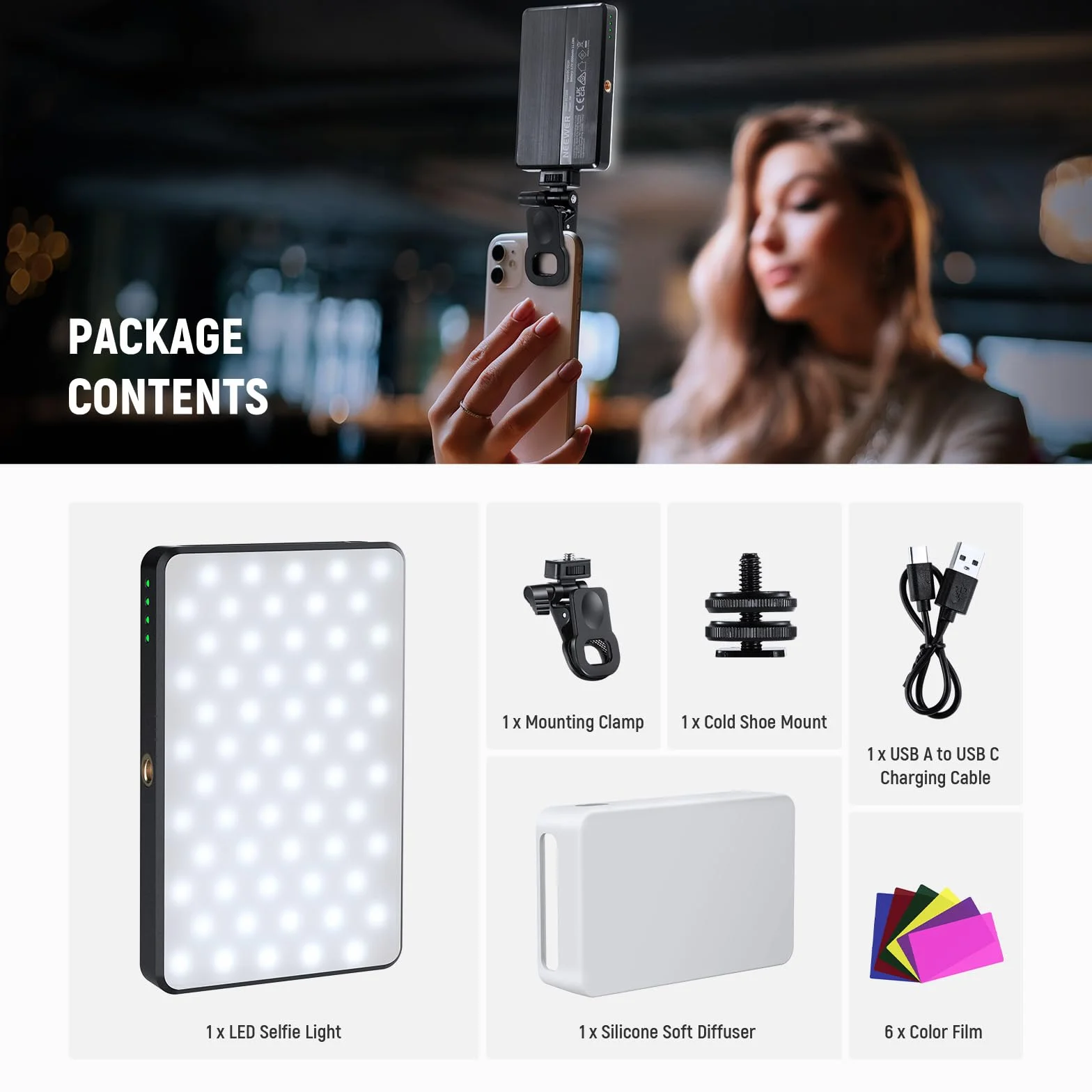 NEEWER BASICS Lampa do selfie LED do telefonu, ładowalna lampa fotograficzna 2500-9000K, kolorowe filmy, dyfuzor/3000mAh, CRI95+ regulowane oświetlenie wideo Visio do aparatu iPhone Zoom połączenia
