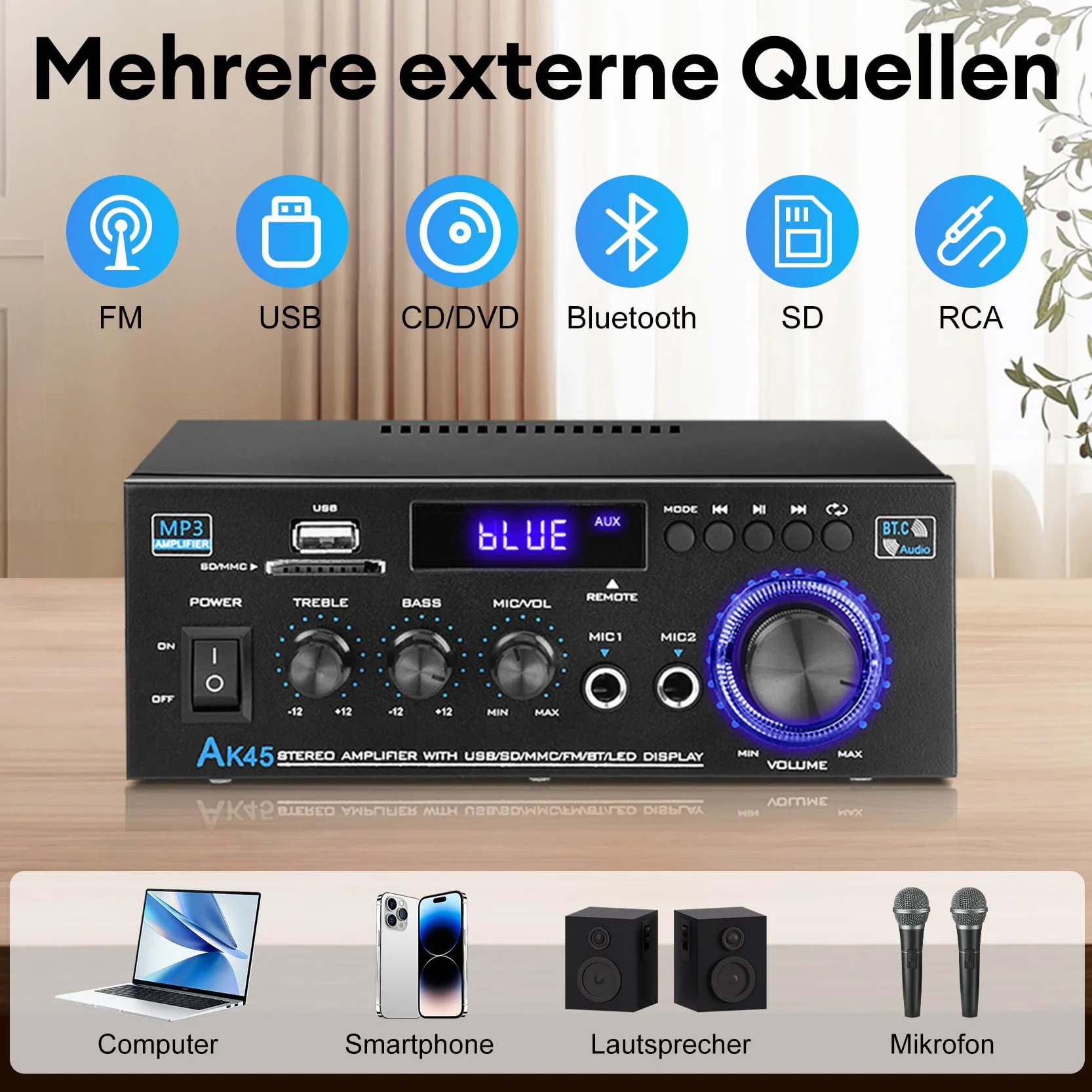 KKMOL AK45 Mini wzmacniacz hi-fi stereo Bluetooth 12V 220V 400W 2 kanały cyfrowy z USB SD pilot