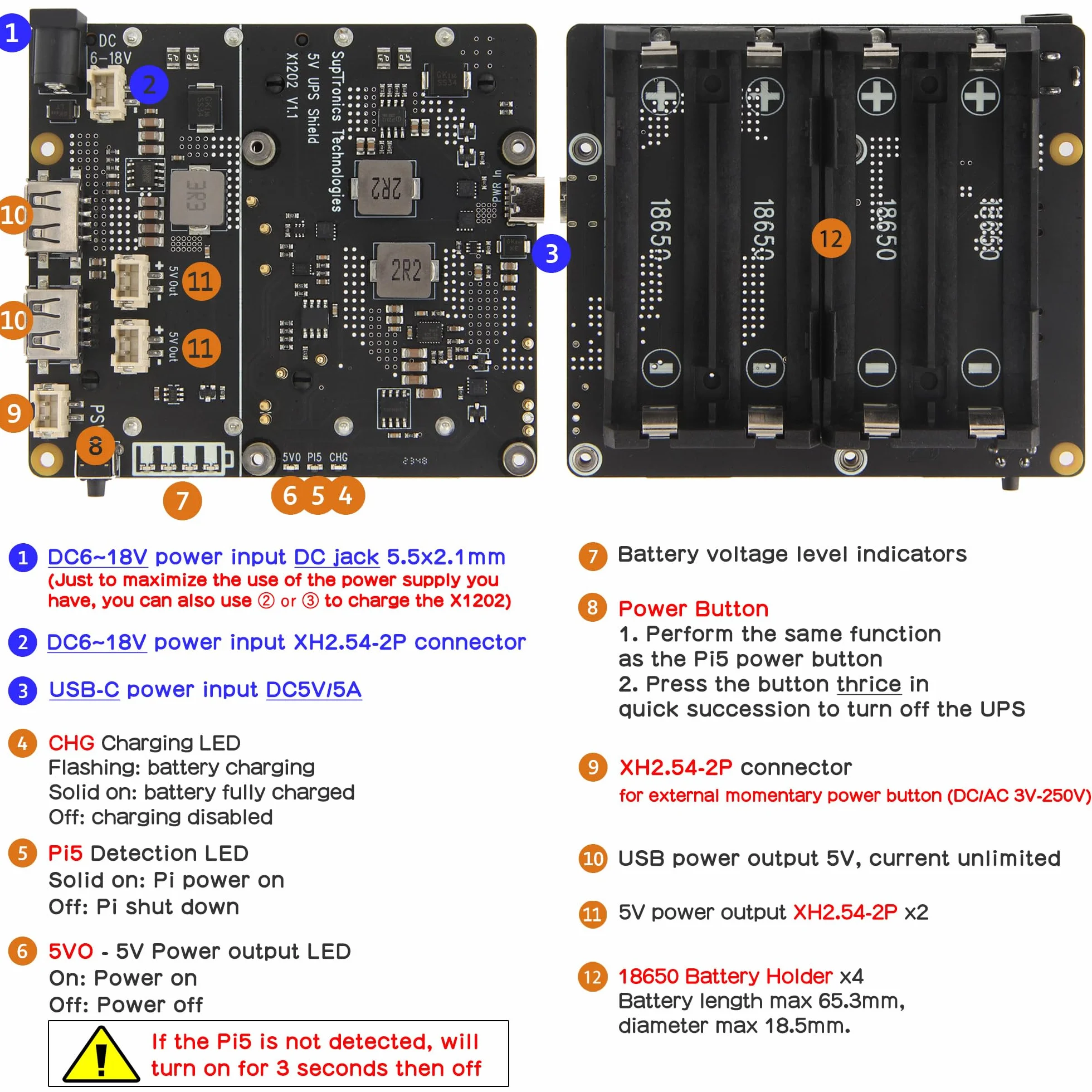 Geekworm Raspberry Pi 5 UPS (X1202), 4-Cell 18650 UPS (Max 5.1V 5A Output) with Wide 6-18V Input | Auto Power On | Safe Shutdown | Power Loss Detection